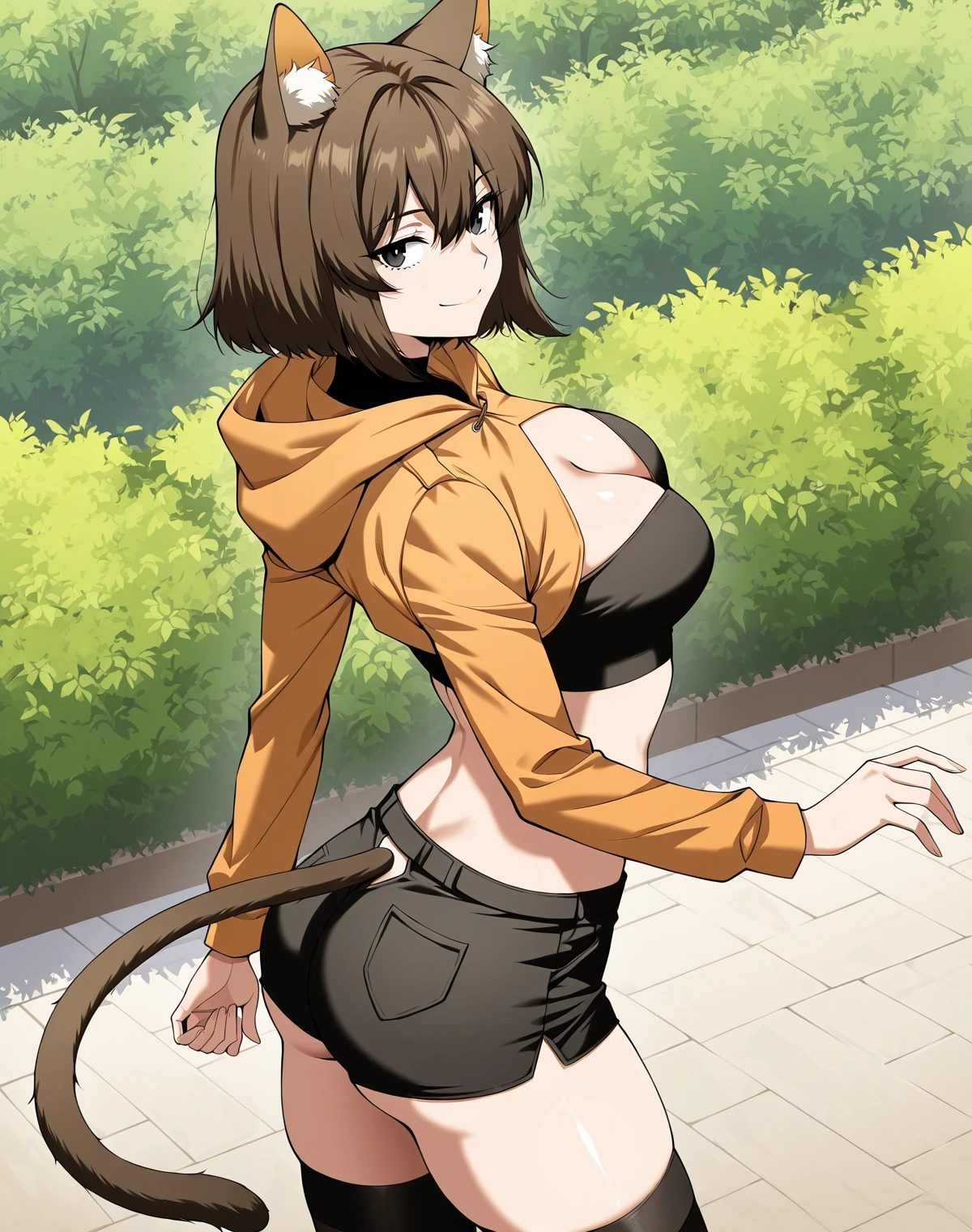 masterpiece, best quality, highres, 1girl, solo, superhero, leotard, bare legs, brown hair, short hair, brown eyes, hairband, medium hair, ribbon, boots, matching boots, medium breasts, cowboy shot, standing, smile, city backdrop, haruhi suzumiya, kyoani haruhi style, sleeveless,