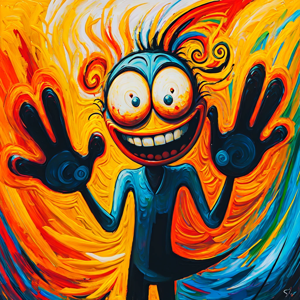 <lora:Expressionism_CartoonsSD1:1> Expressionism Cartoons, The image shows a painting of a cartoon character with a big smile on his face surrounded by a vibrant array of colors including yellow blue red orange green and white., solo, looking at viewer, 1other, fire, no humans, open mouth, abstract