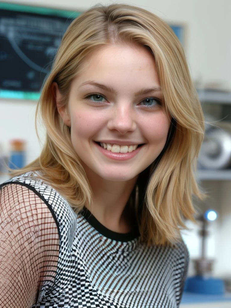 <lora:Cut3Chl03_pdxl_v10:0.8>, Cut3Chl03, 1girl, solo, cowboy shot, grin, Chevron Blouse, laboratory, masterpiece, best quality, highly detailed, score_9, score_8_up, score_8, semi-realistic, photorealistic, <lora:add-detail-xl:0.9>, zPDXLrl, realistic eyes, hyper realistic eyes, pretty eyes,