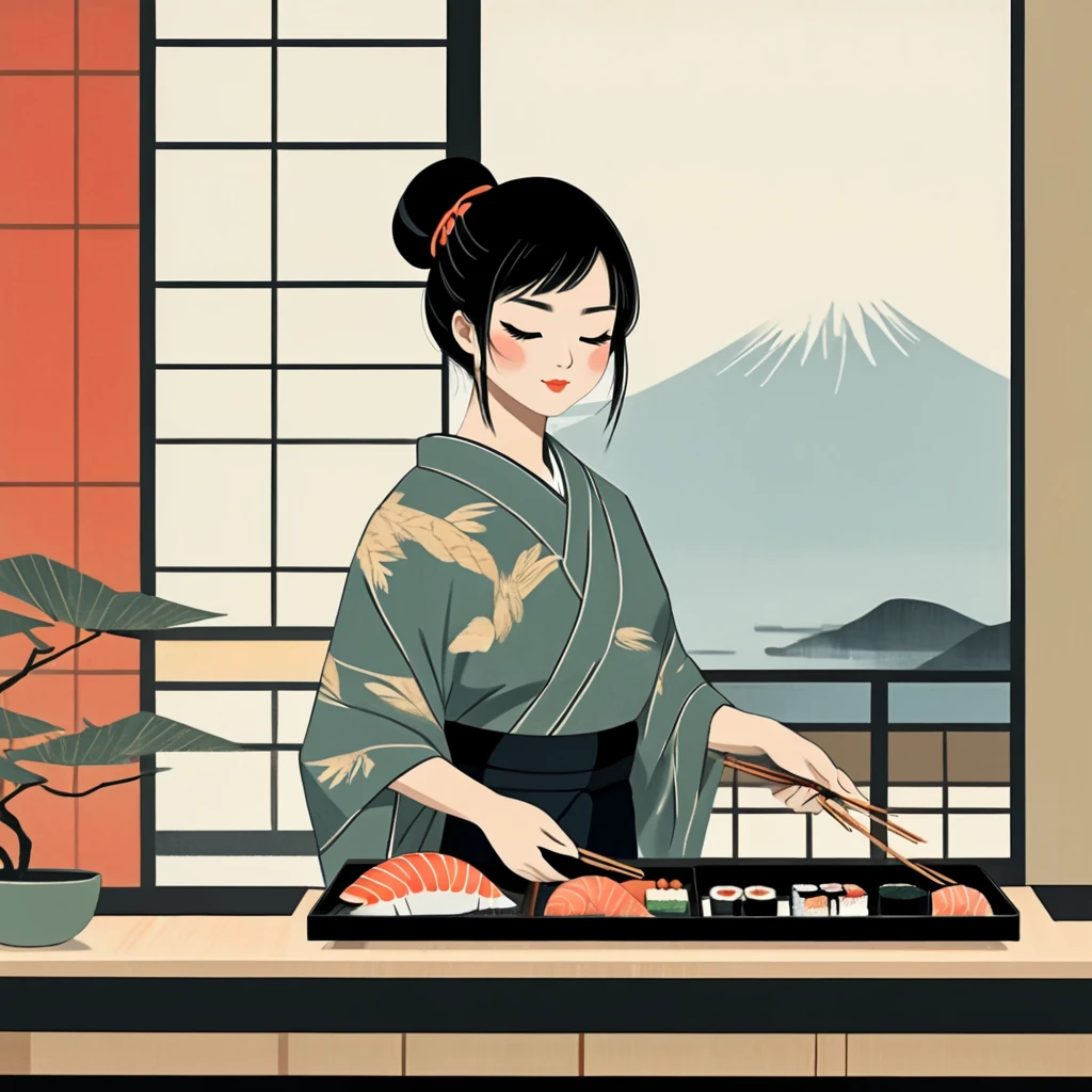 <lora:Modern_Ukiyo-e_illustrationSDXL:1> Modern Ukiyo-e illustration, The image shows a woman in a kimono holding a tray of sushi. She is standing in front of a table with a box of food items and chopsticks in her hands. There is a plant to her right and a window in the background., 1girl, solo, black hair, hair bun, single hair bun, japanese clothes, closed eyes, food, profile, holding