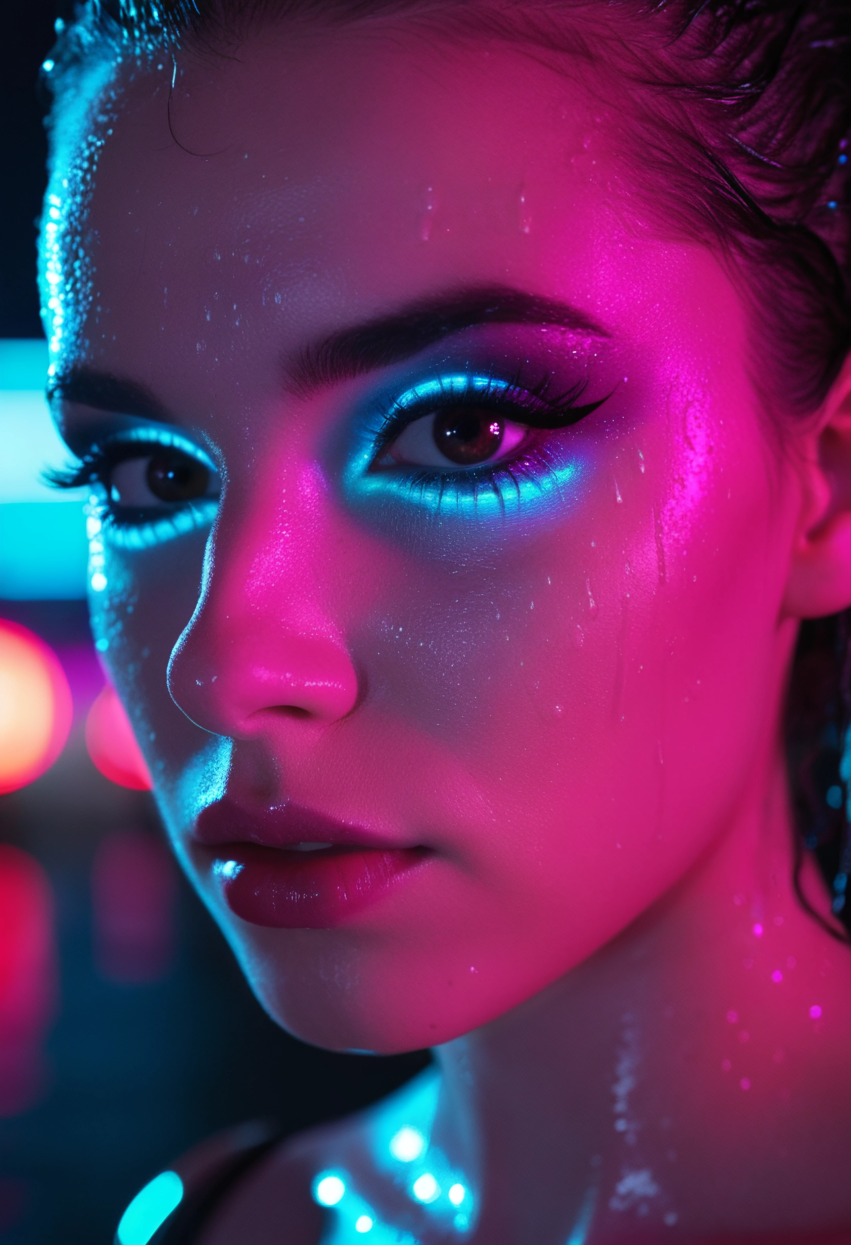 1girl, neon-lit portrait, vivid magenta and cyan lights, futuristic city night, wet skin, intense gaze, sharp contrast, cyberpunk aesthetic, glowing eyeshadow, reflective makeup, cinematic close-up, Canon 50mm