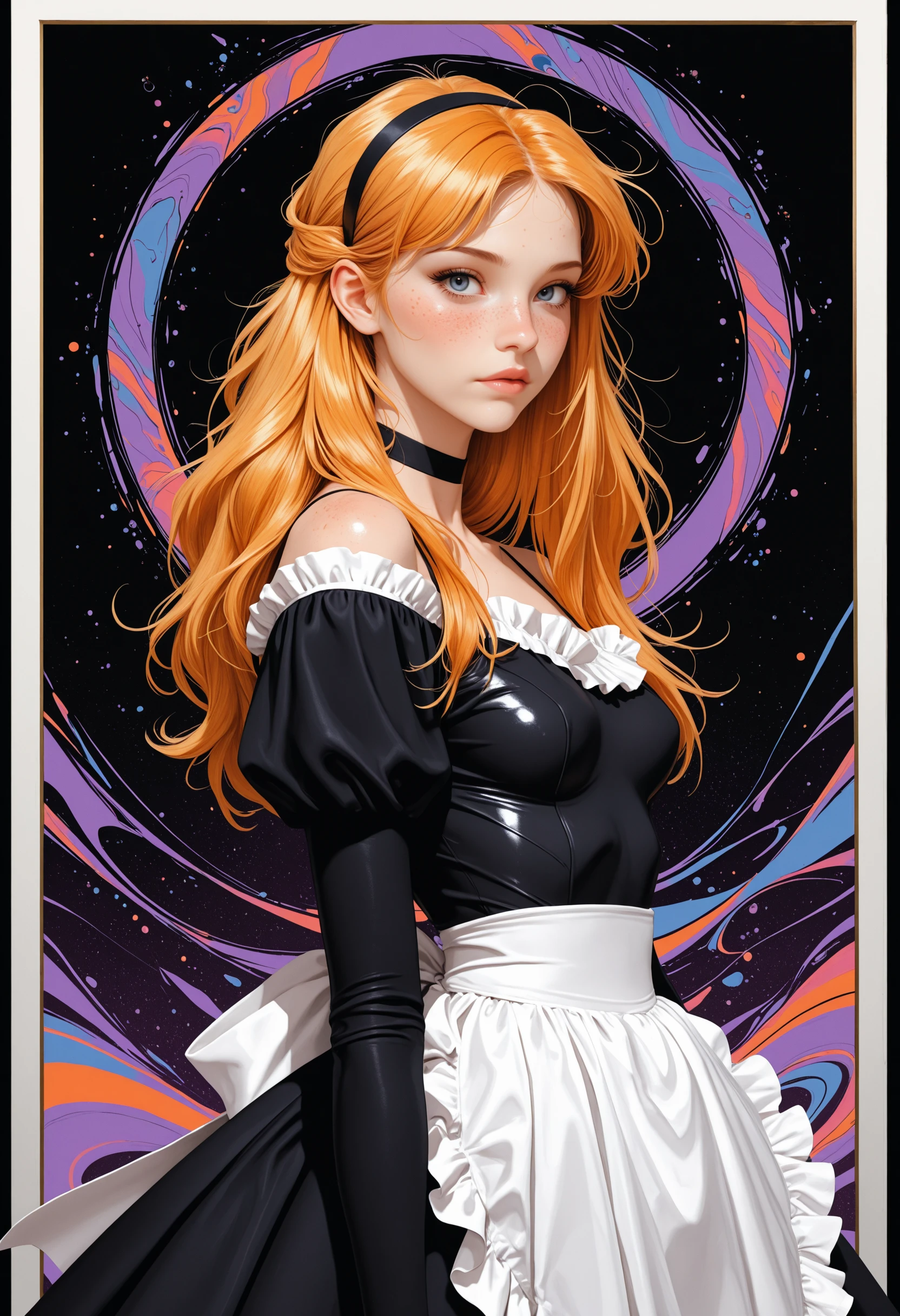 masterpiece, high_quality, highres, depth_of_field, subject_focus,
PG, woman, ginger_hair, blonde_hair, messy_hair, long_hair, half_updo, maid_hairband, maid_dress, skin_tight, eyelashes, sexy_pose, blush, hiding_face_in_sleeves, dynamic_posingone_leg_forward, slim, choker, looking at viewer, cinematic, movie_shot, purple_background, white_background, black_background, fractal_background, abstract, dynamic, border_frame, over-the-shoulder, face_focus, freckles,