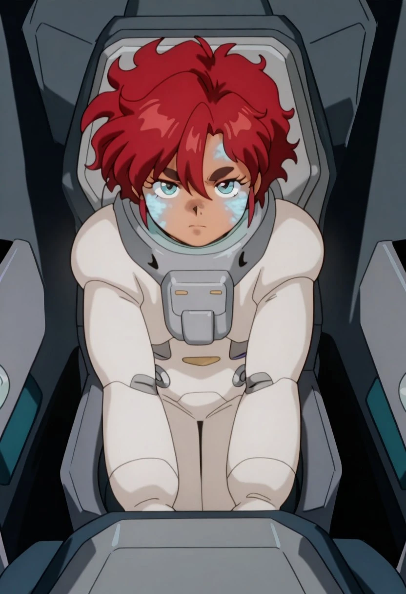 masterpiece, best quality, absurdres, AWGXS, anime screenshot, retro artstyle, 1990s (style), cel animation, 1girl, female focus, solo, msgwfmes, dark-skinned female, red hair, short hair, thick eyebrows, mismatched eyebrows, short eyebrows, space suit, cockpit, sitting, permet, facial markings, glowing markings,blue eyes, serious, leaning forward, straight-on, glowing eyes