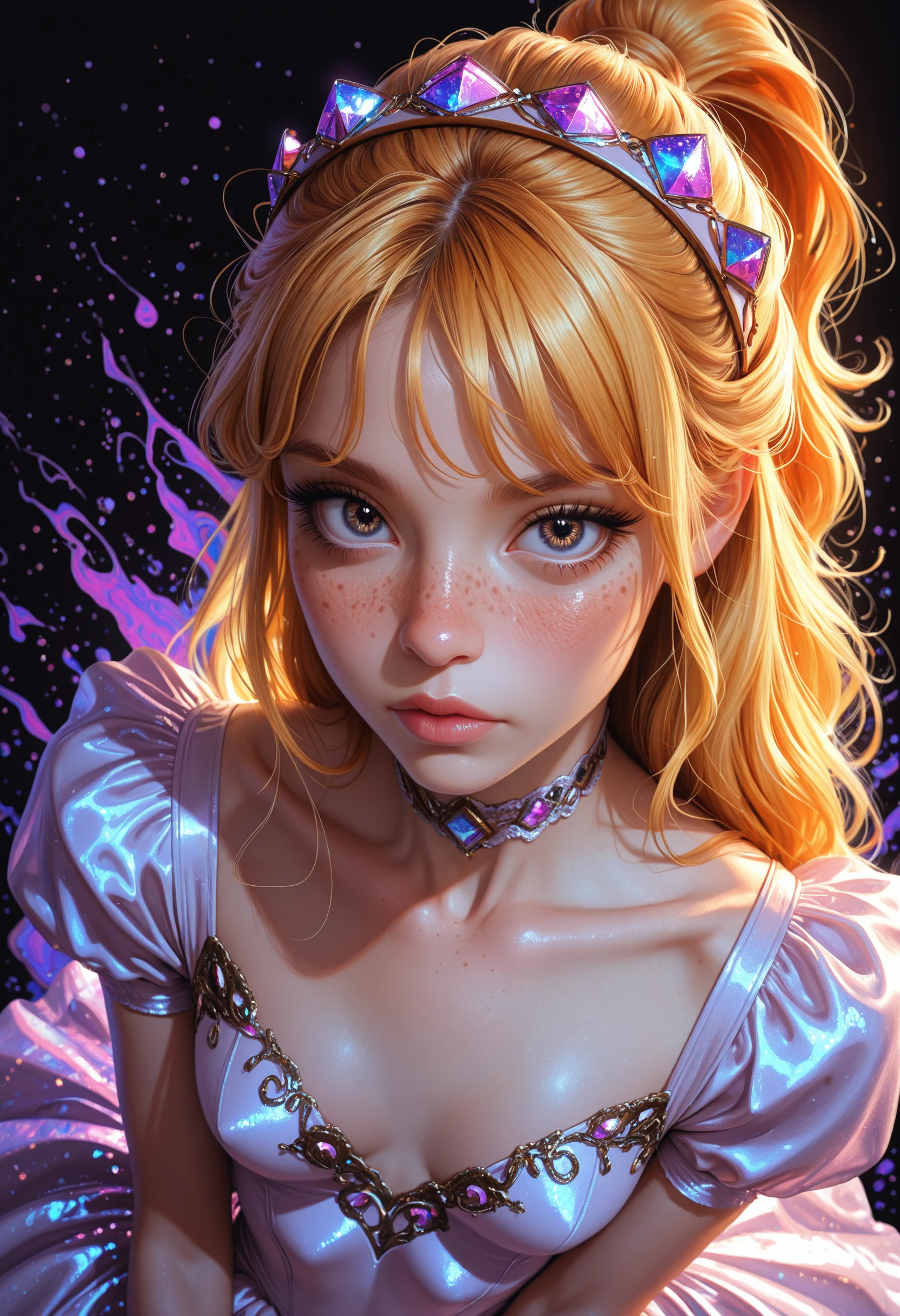 masterpiece, high_quality, highres, depth_of_field, subject_focus, 
PG, woman, ginger_hair, blonde_hair, messy_hair, long_hair, half_updo, half_ponytail, brown_eyes, haute_couture, maid_hairband, maid_dress, skin_tight, eyelashes, sexy_pose, blush, sparkly_eyes, dynamic_posingsultry_gaze, slim, choker, looking at viewer, cinematic, movie_shot, purple_background, white_background, black_background, fractal_background, abstract, dynamic, border_frame, from_above, face_focus, freckles, ultraviolet, backlight, neon, gold_accents