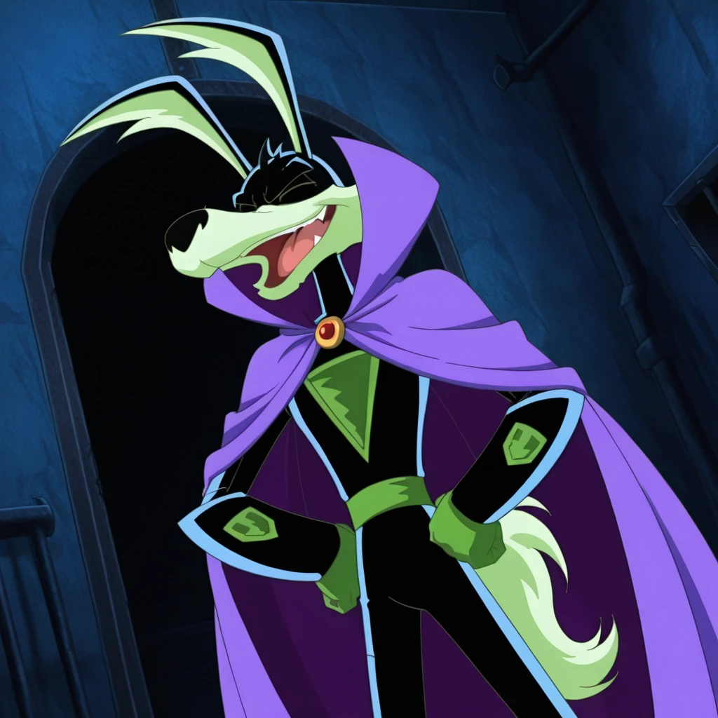 Techcoyote, 1boy, , wearing_cape, purple_cape, standing, dramatic_pose, dungeon, barred window, chains, cowboy shot, dutch angle, eyes closed, hands on own , laughing, mouth open, anime screencap,
