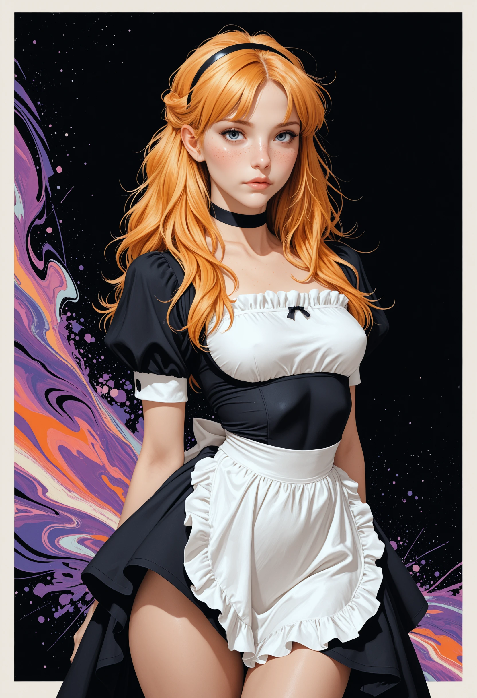 masterpiece, high_quality, highres, depth_of_field, subject_focus,
PG, woman, ginger_hair, blonde_hair, messy_hair, long_hair, half_updo, maid_hairband, maid_dress, skin_tight, eyelashes, sexy_pose, blush, hands_on_cheeks, dynamic_posinglow_squat, slim, choker, looking at viewer, cinematic, movie_shot, purple_background, white_background, black_background, fractal_background, abstract, dynamic, border_frame, thigh_up_shot, face_focus, freckles,