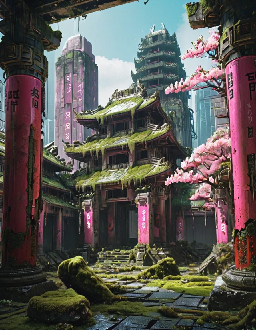 <lora:City_Worlds_02_Lost_Temple1xlc:1> cw02lost, slight right-facing angle, abandoned, grand ancient temple with mossy rooftops, vibrant pink cherry trees in bloom, futuristic skyscrapers looming in background, red pillars flanking the view, bright sunny atmosphere, lush moss growing between stones, abandoned courtyard, sci-fi meets ancient architecture, crisp high-resolution detail, natural and dramatic lighting