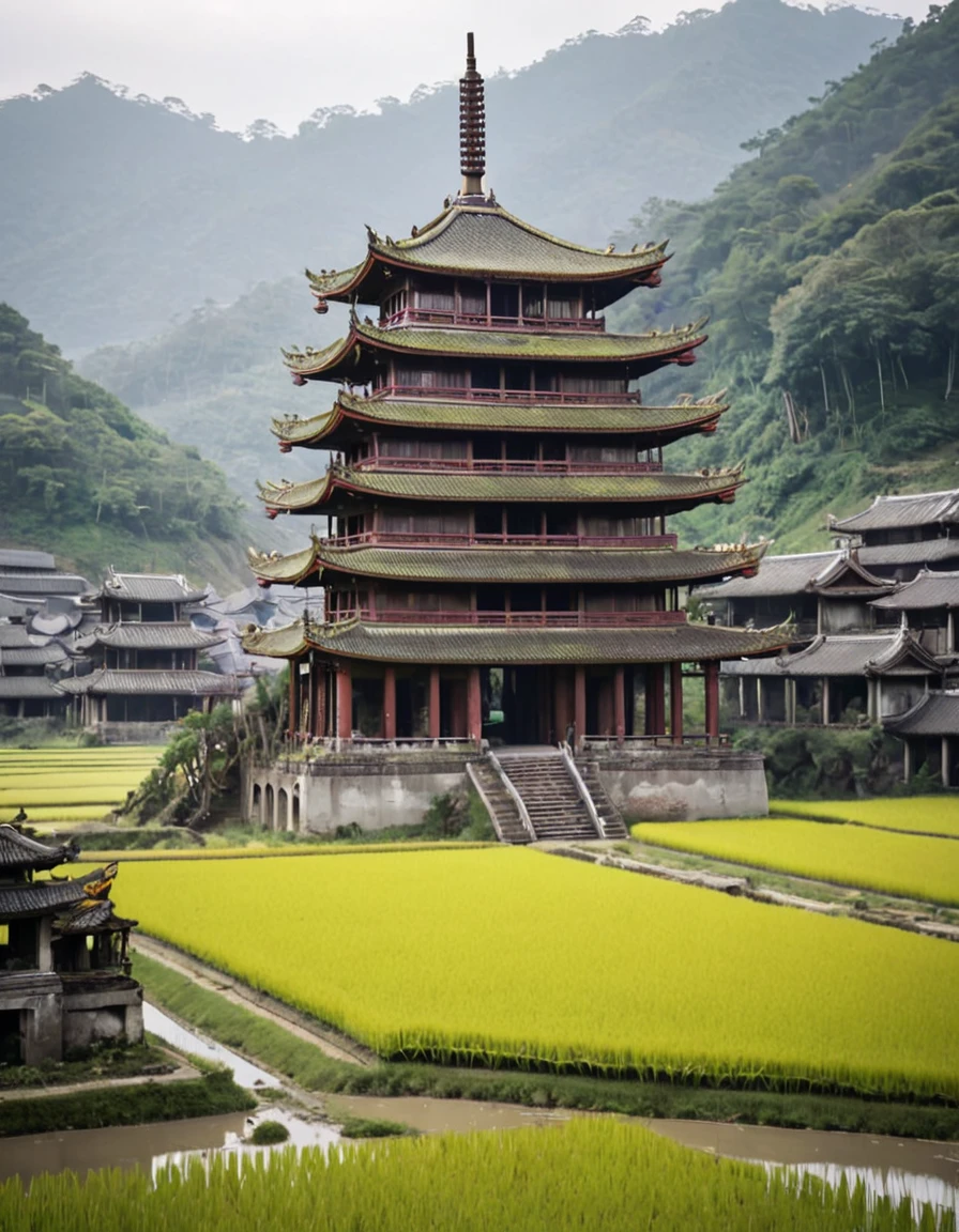 <lora:City_Worlds_02_Lost_Temple1xlc:1.0> cw02lost, abandoned, multi-tiered ancient asian pagoda complex city, surrouded by rice fields, on hills