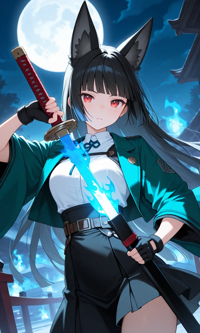 masterpiece, best quality, good quality,
1girl, hoshimi miyabi, animal ears, black hair, black skirt, blue fire, blunt bangs, facing viewer, fingerless gloves, fire, fox ears, fox girl, full moon, gloves, green jacket, high-waist skirt, holding, holding sword, holding weapon, jacket, moon, night, red eyes, sheath, shirt, skirt, solo, sword, sword in front of face, unsheathing, weapon, white shirt