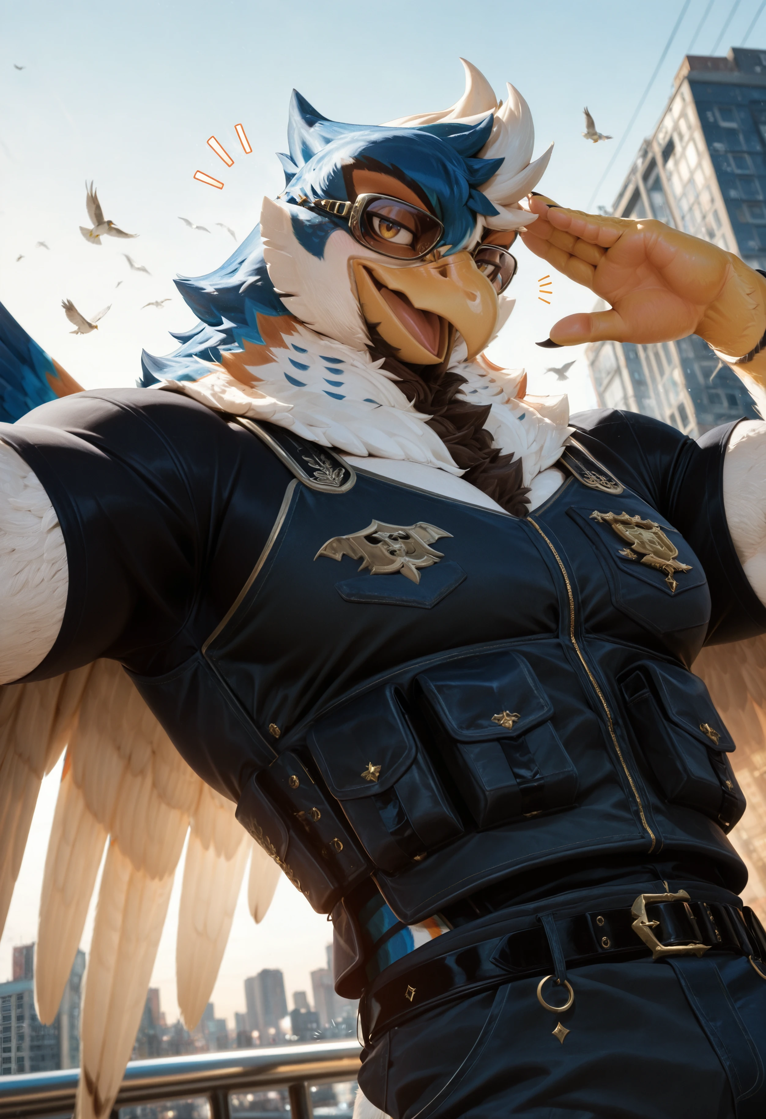 (masterpiece, best quality, very aesthetic, newest, 2024), photorealism, photorealistic, hi res, cityscape, detailed feathers, detailed fur, 
dutch angle, d1on_an0there1dos_r, avian, bird, feathered wings, solo, 1boy, male focus, muscular, bara, muscular male, wings, clothes, clothed, anthro, furry, furry male, thick thighs, thighs, close up, upper body, bent, eyewear, 
flirty expression, seductive glance, sound effect, motion lines, <lora:Dion_Anothereidos_R_Illustrious:1>