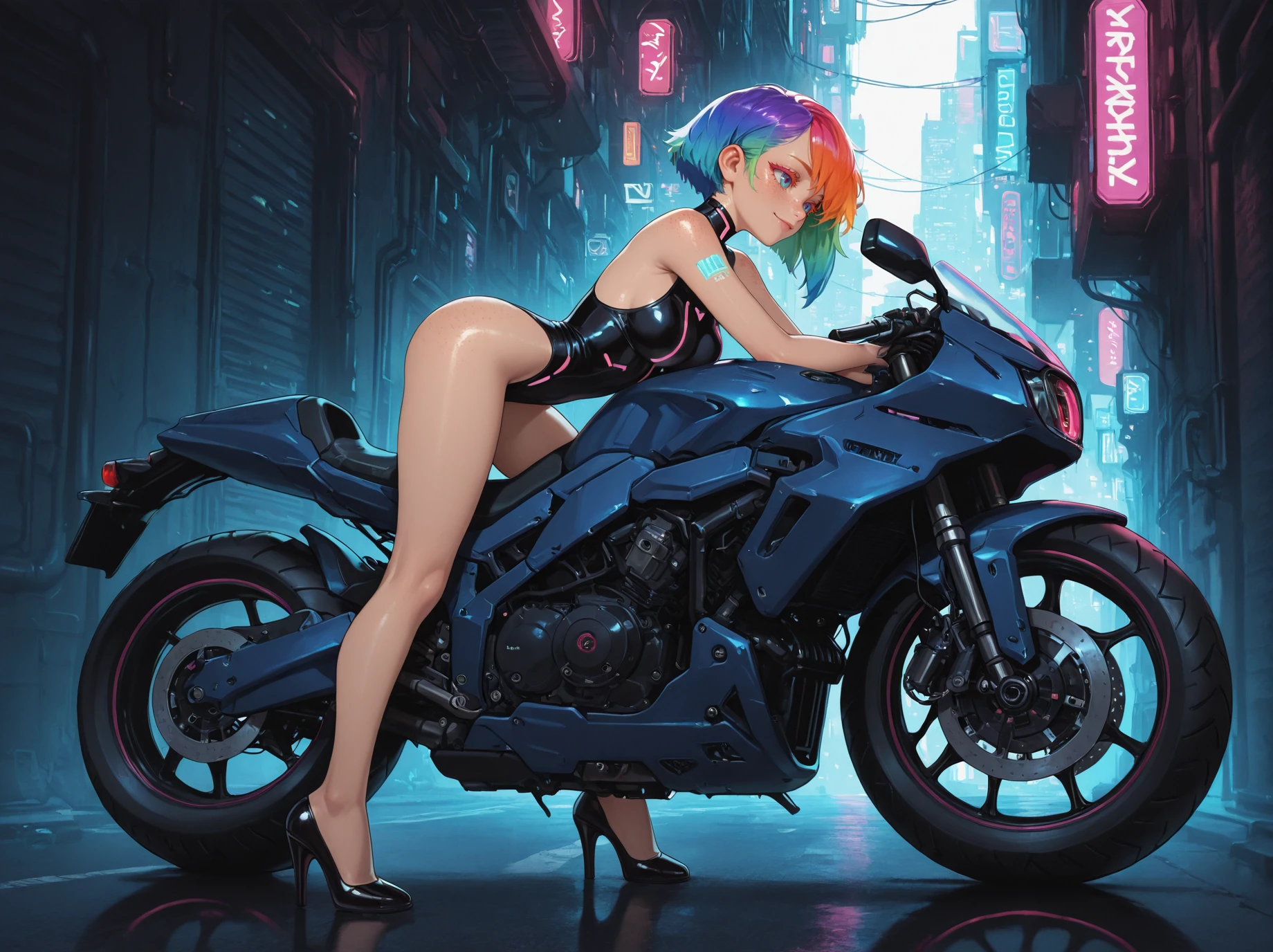 masterpiece, best quality, absurdres, newest, a girl on a big motorcycle, multicolored hair, colored eyelashes, cyberpunk skin, freckles, beautiful_detailed_eyes, medium breasts, light smile, bare shoulders, bare legs, bare arms, dark alley, HDR, cyberpunk, futuristic city, cyber tattoos, high heels