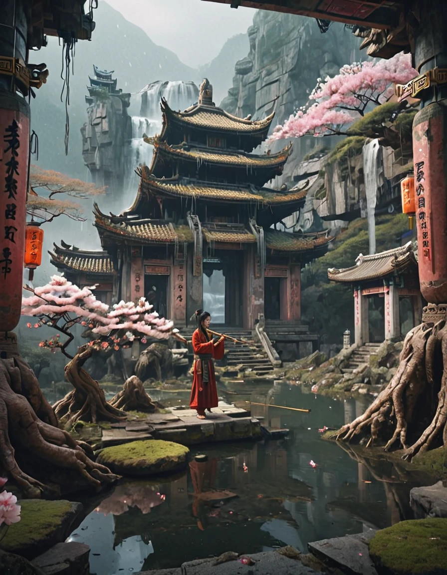 <lora:City_Worlds_02_Lost_Temple1xlc:1.0> cw02lost, a forgotten, oriental old temple on a mountain, fog, misty mountains, waterfall, kungfu 20yo woman with a flute, lanterns, pond, cherry blossom, giant roots, birds, sunset,