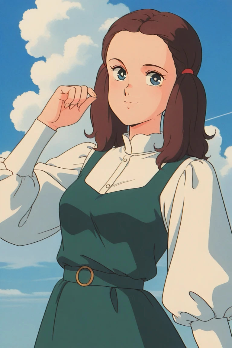 score_9, score_8_up, score_7_up, masterpiece, best quality, source_anime,official art,perfect_anatomy,1980s_\(style\),retro_artstyle,1girl,Hedwig_von_Trapp,blue_eyes,brown_hair,forehead,white_shirt_with ruffles,green_dress,puffy_sleeves,long_sleeves (charactor_focus,detailed face,looking_at_viewer,smile),upper_body,blue_sky,clouds