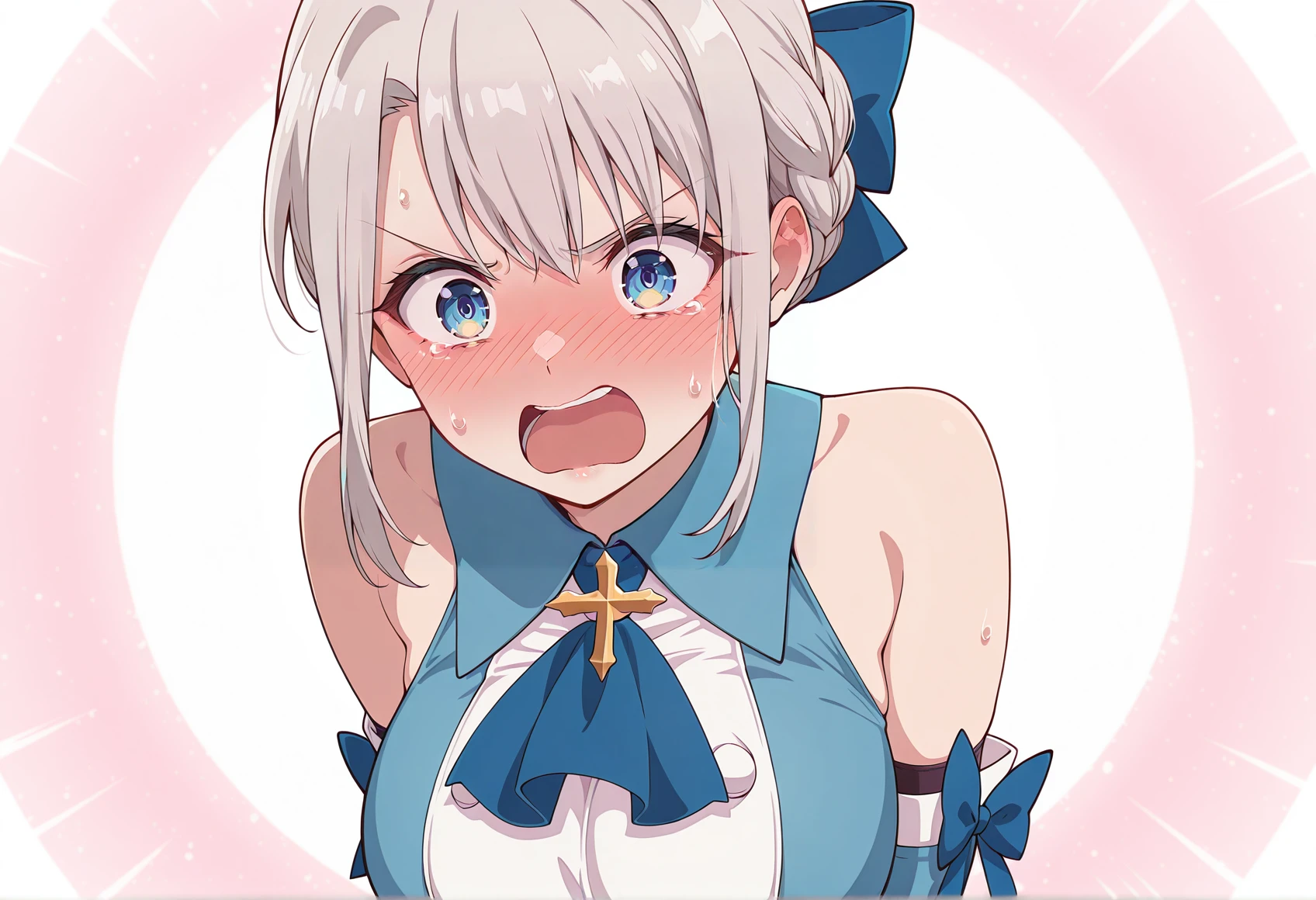 portrait, anime screenshot, anime screencap, anime coloring, embarrassed, 1girl, solo, grey hair, blue eyes, braid, blue ribbon, cross, blue dress, elbow gloves, magical girl, pink thigh Boots, upper body, angry, open mouth, embarrassed, <lora:Alice_Elliot:1> big breasts <lora:Illya_Illus:0.8>, masterpiece, best quality, amazing quality, very aesthetic, absurdres, highres, newest