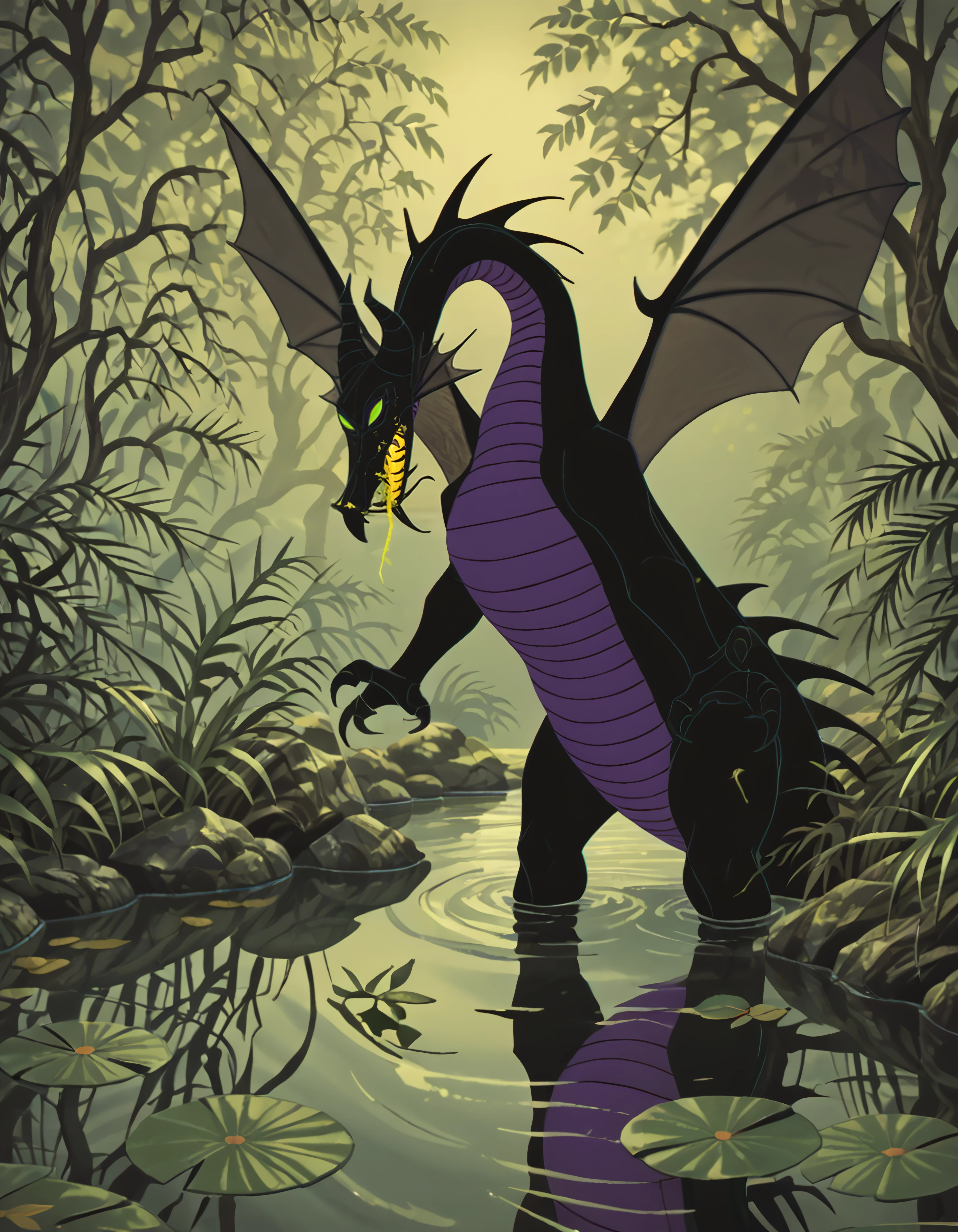 full body, feral, wading in a shallow lake, water ripples, glowing plants on the shore, early morning light, glowing green eyes, peaceful stance score_7, score_8, score_9,
maleficent, dragon, female, full body, 2 wings, hight definition, hyper detailed, 8k, majestic, masterpiece, scalie, scales,
 <lora:Maleficent_Dragon_Form:0.8>
<lora:Female_Feral_Dragon_Concept_PonyXL:1>