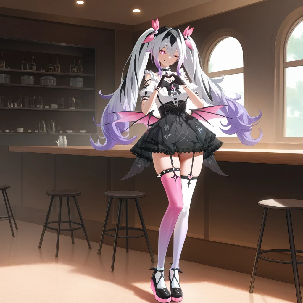 masterpiece, best quality, ultra-detailed, very aesthetic, detailed background, year 2023, very aesthetic, newest, scenery, highres, 4k, absurdres, 8k, colorful,vibrant, glowing, perfect face, 2d, perfect eyes, detailed eyes, 1girl, solo, cafe, cafe interior, window, sunlight, standing on one leg, (single bend knee)++, one eye closed, heart hands, wink, looking at viewer, colored shoe sole, platform footwear, black shoes,
Jetavie, Jt_Pnk, pink eyes, x-shaped pupils, multicolored hair, purple hair, gradient hair, twintails, asymmetrical legwear, grey hair, black streakes, black hair, hair ribbon, stole, frilled collar, detached collar, white collar, black bowtie, ribbon bow, pink bow, spiked choker, white shirt, frilled shirt, puffy short sleeves, shoulder cutout, fishnet bodystocking, see-through cleavage, underbust, black skirt, alt frilled skirt, lace-trimmed skirt, garter straps, pink thighhighs, gradient thighhighs, white thighhighs, black gloves, gloves, ribbon-trimmed gloves, pink ribbon, low wings, heart hair ornament, spiked thigh strap, multiple thigh straps, thigh garter,
masterpiece, best quality, ultra-detailed, very aesthetic, newest, scenery, absurdres, perfect anatomy, perfect legs, perfect face, perfect eyes, clear eyes, beautiful eyes, perfect toes, perfect toenails,