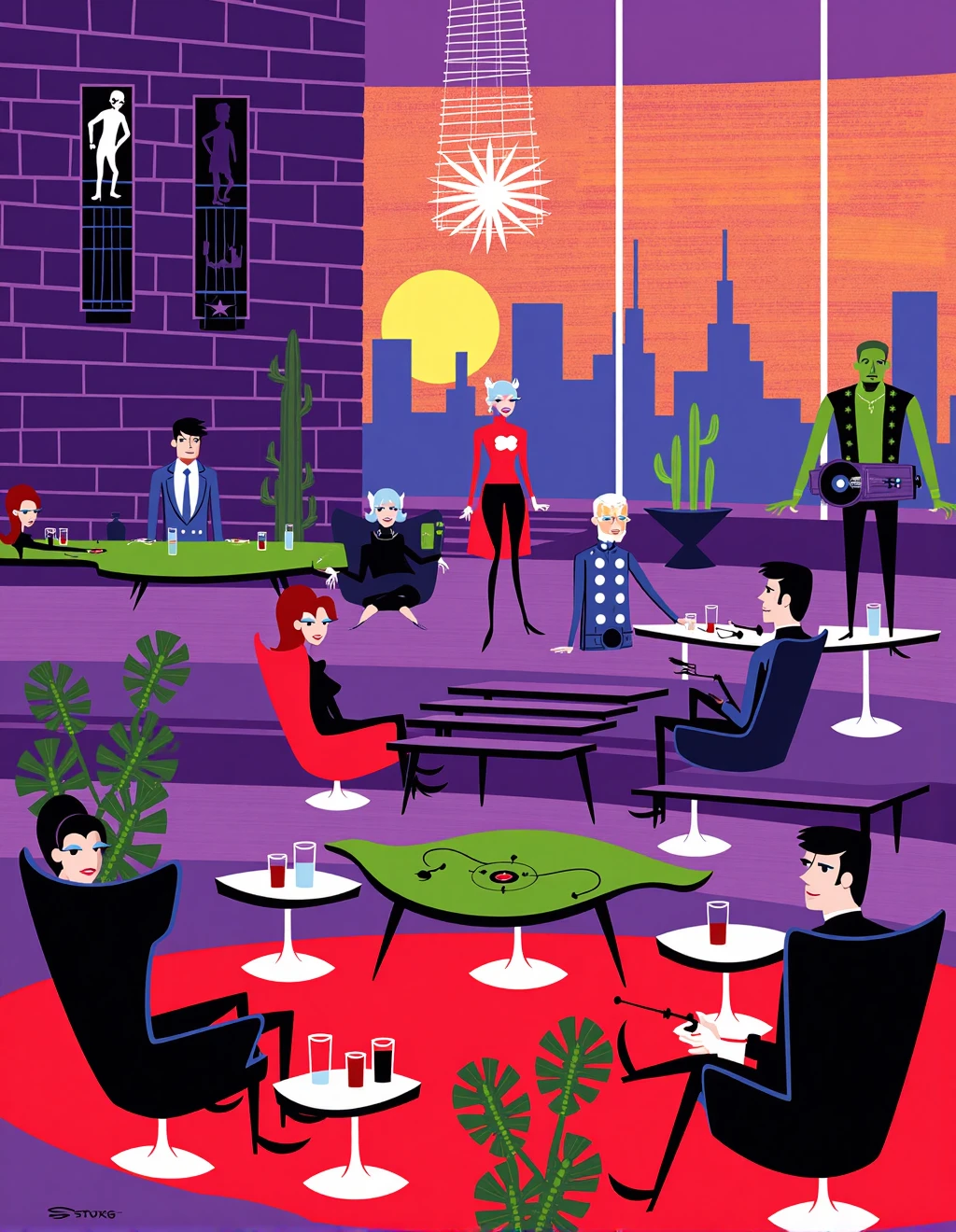 <lora:JoshAgleStyle:1>Josh Agle (SHAG) Style, The Avengers relax between missions at Stark Tower's mid-century modern lounge where Tony Stark in a slim-cut suit mixes arc-reactor-powered cocktails behind a curved bar. Captain America examines a record collection of vintage jazz while Thor challenges Hulk to a game of shuffleboard on a boomerang-shaped table. Black Widow and Hawkeye compare weapons while lounging on Eames chairs beneath a starburst chandelier. Through floor-to-ceiling windows, New York's skyline features geometric buildings against a gradient sunset. Vision and Wanda share a quiet moment near potted plants with exaggerated proportions. On the walls, abstract art subtly incorporates each Avenger's insignia. The bar is stocked with bottles in atomic-age designs.