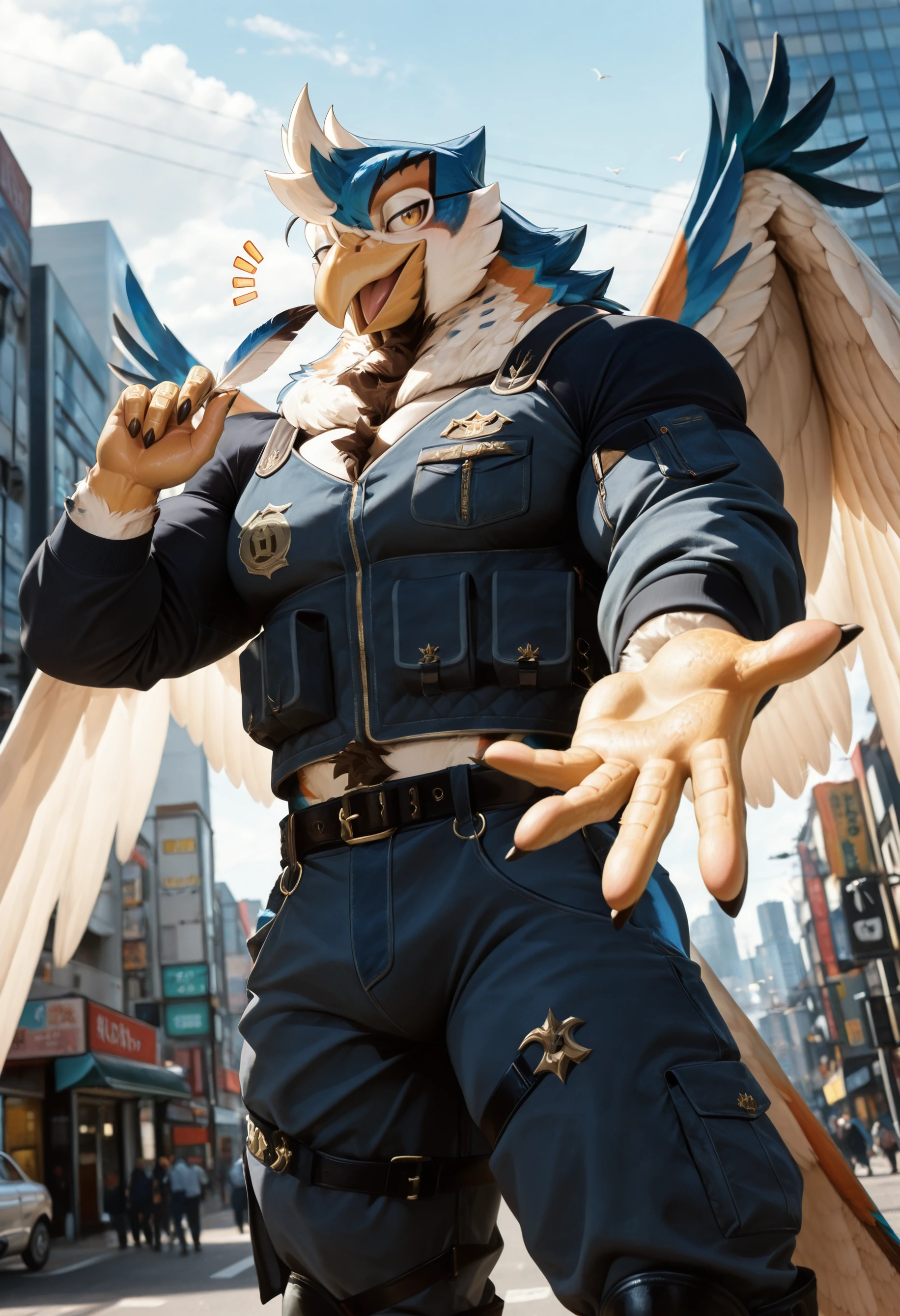 (masterpiece, best quality, very aesthetic, newest, 2024), photorealism, photorealistic, hi res, scalie hands, detailed fur, detailed feathers,
front view, d1on_an0there1dos_r, avian, bird, feathered wings, solo, 1boy, male focus, muscular, bara, muscular male, wings, fabric clothes, clothed, anthro, furry, furry male, thick thighs, thighs, bent, city, urban, holding feather, reaching towards viewer,
flirty expression, seductive glance, sound effect, motion lines, <lora:Dion_Anothereidos_R_Illustrious:1>