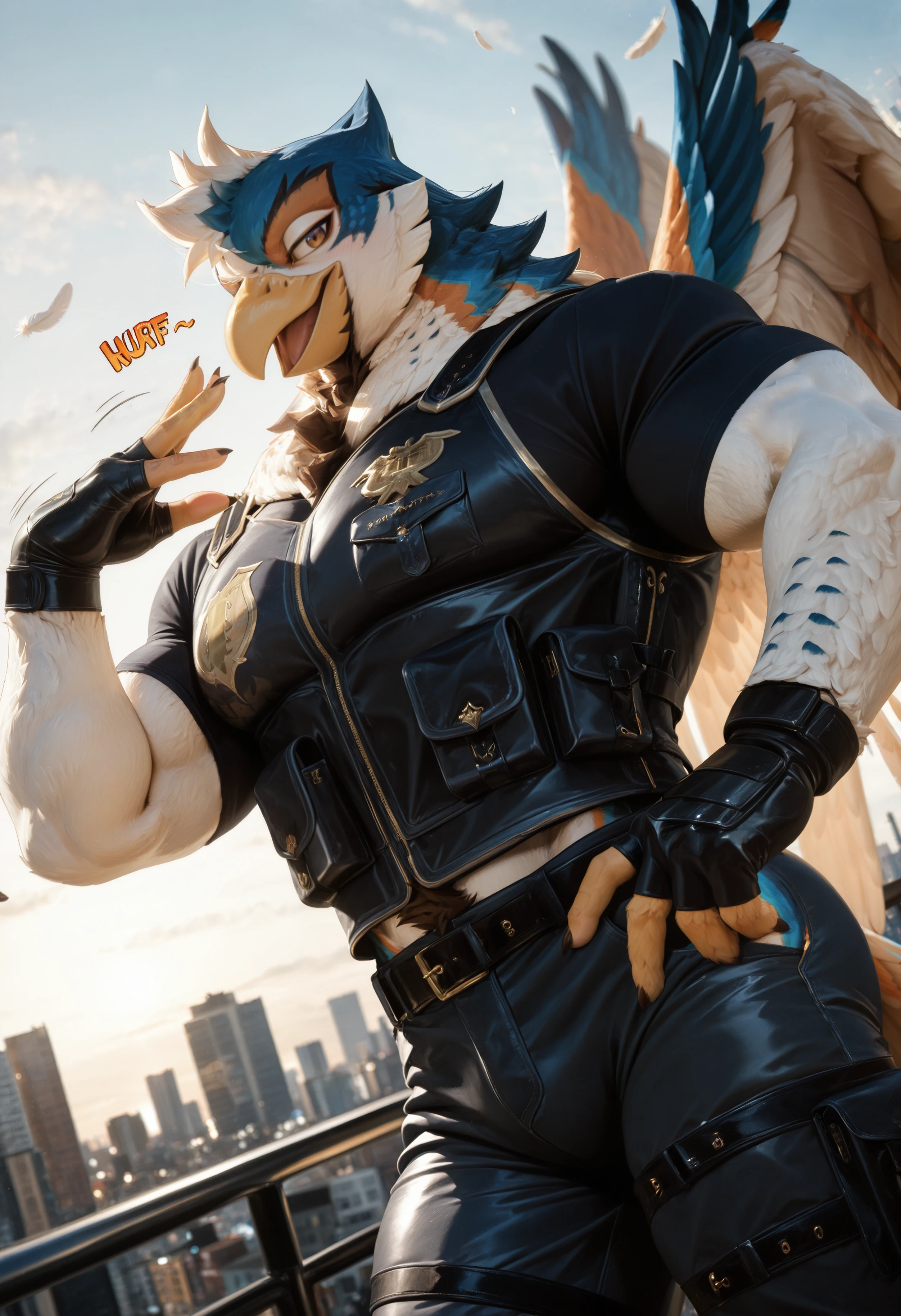 (masterpiece, best quality, very aesthetic, newest, 2024), photorealism, photorealistic, hi res, cityscape, detailed feathers, detailed fur,
dutch angle, d1on_an0there1dos_r, avian, feathered wings, solo, 1boy, male focus, muscular, bara, muscular male, wings, clothes, clothed, anthro, furry, furry male, thick thighs, thighs, gloves, fingerless gloves, close up, upper body,
flirty expression, seductive glance, sound effect, motion lines, <lora:Dion_Anothereidos_R_Illustrious:1>