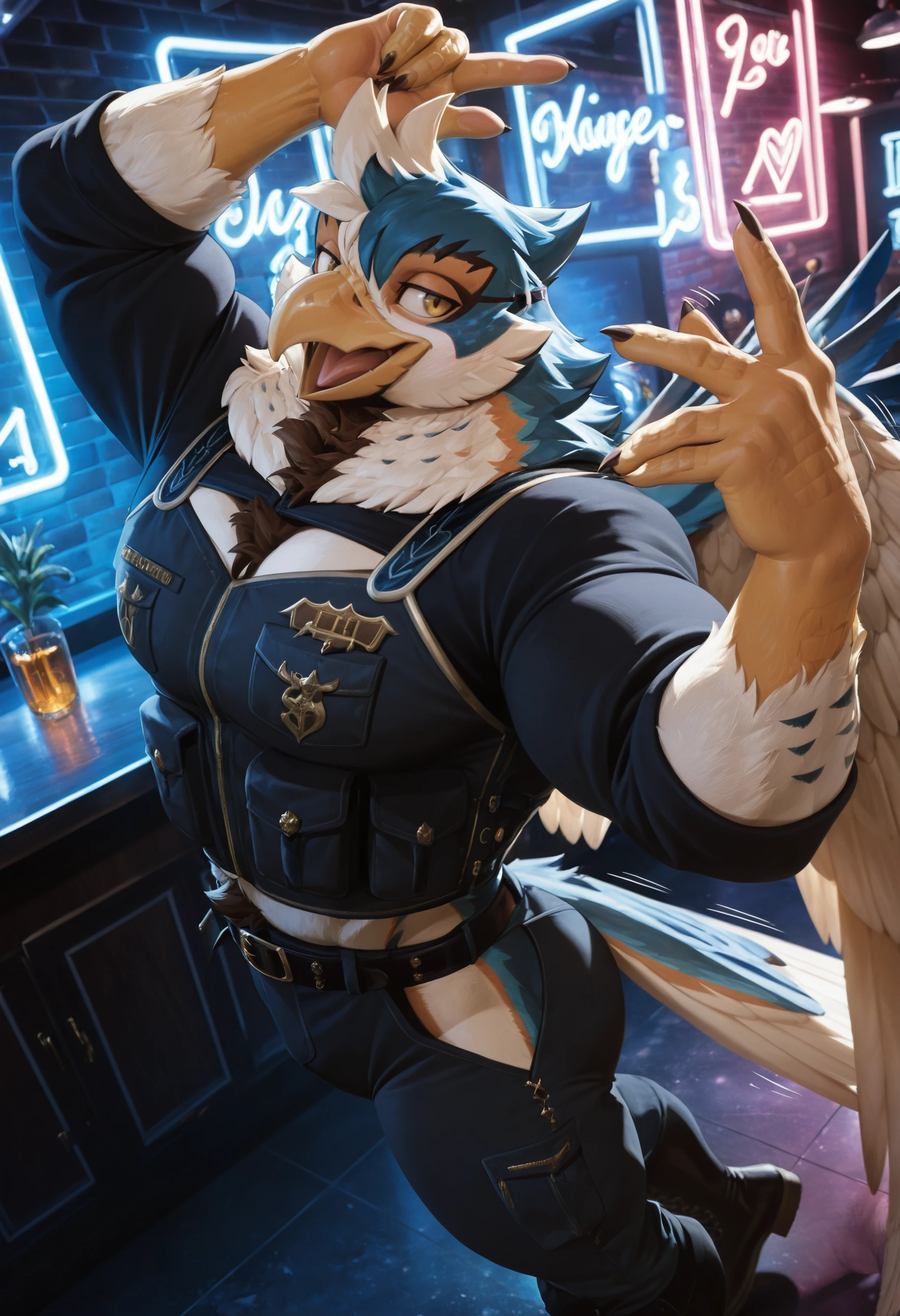 (masterpiece, best quality, very aesthetic, newest, 2024), photorealism, photorealistic, hi res, scalie hands, detailed fur, detailed feathers,
d1on_an0there1dos_r, avian, bird, feathered wings, solo, 1boy, male focus, muscular, bara, muscular male, wings, clothes, clothed, anthro, furry, furry male, thick thighs, thighs, bent, (dance:1.15), bar, neon lights, high angle,
flirty expression, seductive glance, sound effect, motion lines, <lora:Dion_Anothereidos_R_Illustrious:1>