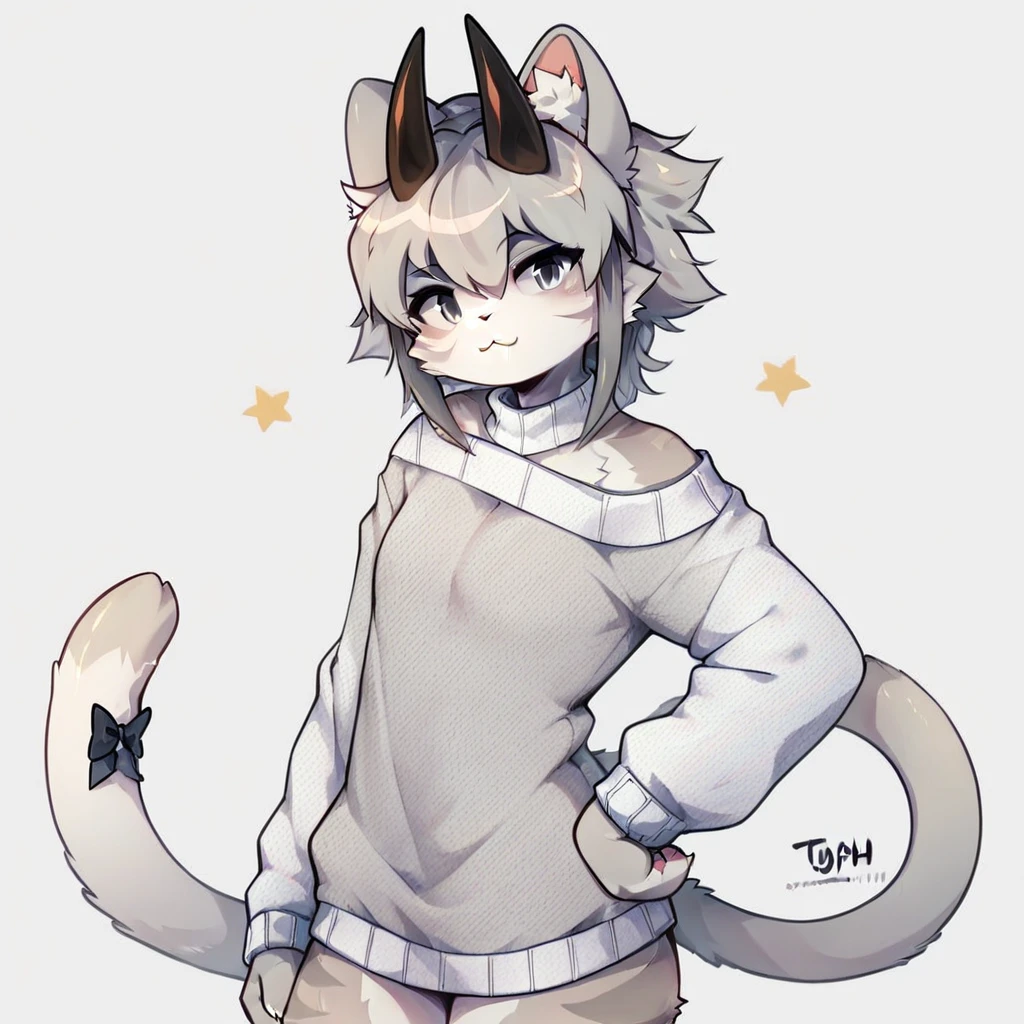 score_9, score_8_up, score_7_up, furry, source_furry, Cat Typh, Cat tail, Animal tail, Cat ears, Animal ears, 2 black horns, gray hair, grey eyes, gray skin, detailed, full color, saturated, gray sweater, standing, hands on hip, smile, gray background, looking at viewer, from right side