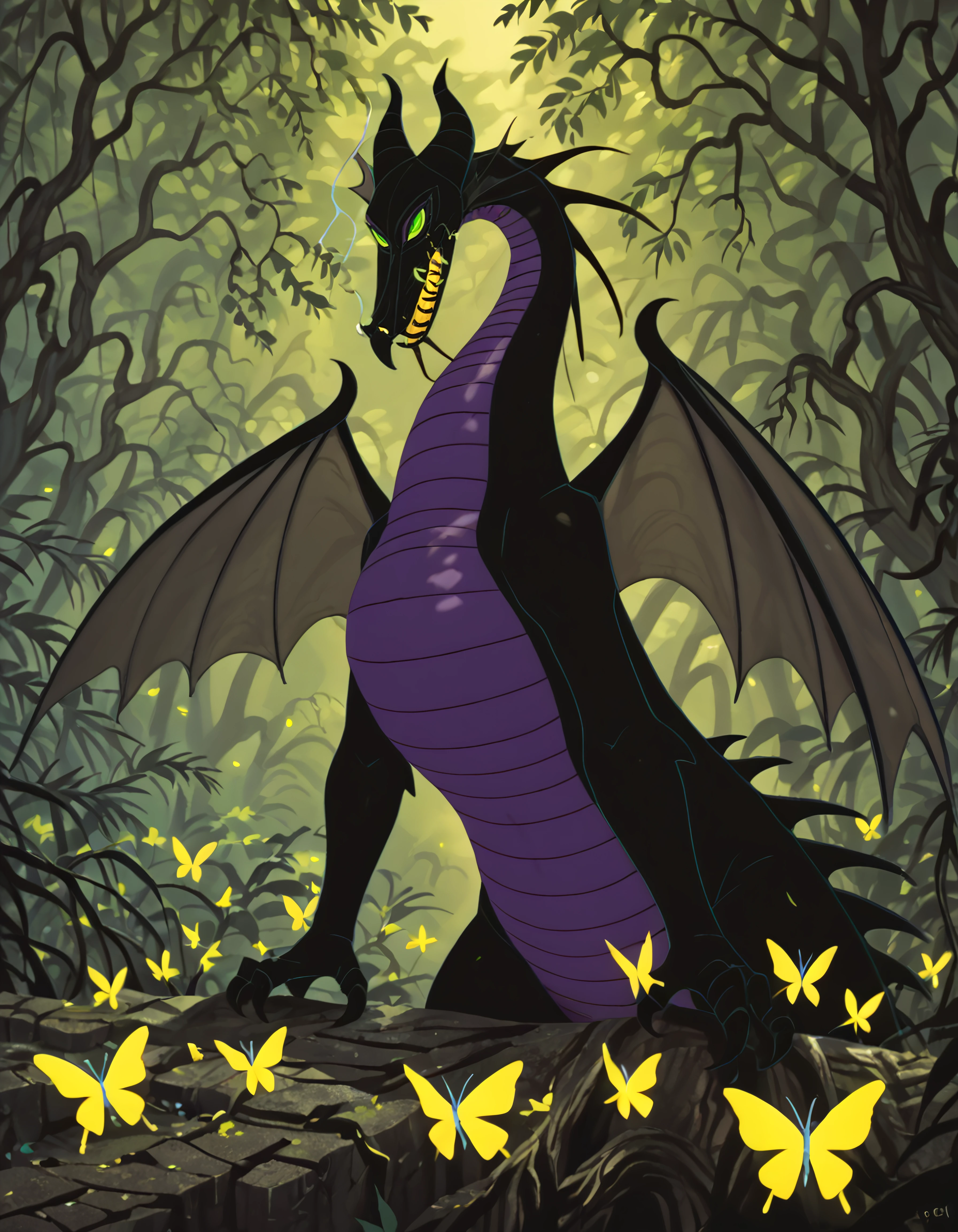 close-up, anthro, playful look, surrounded by glowing butterflies, enchanted forest, sunbeams filtering through leaves, glowing green eyes, soft background blur score_7, score_8, score_9,
maleficent, dragon, female, full body, 2 wings, hight definition, hyper detailed, 8k, majestic, masterpiece, scalie, scales,
 <lora:Maleficent_Dragon_Form:0.8>
<lora:Female_Feral_Dragon_Concept_PonyXL:1>