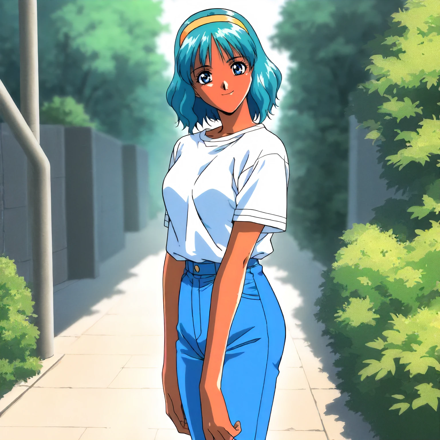 <lora:ZSBGP_tanihuti_mariXLIllustrious001>,
masterpiece,best quality,good quality,newest,
outdoors,
smile,
looking at viewer,
solo,
anime coloring,1990s \(style\),
tanihuti_mari\(zenkoku_seifuku_bishoujo_grand_prix\),1girl,aqua's hair,medium hair,blue eyes,dark skin,
yellow hairband,
white t-shirt,short_sleeves,
blue jean pants,
standing,