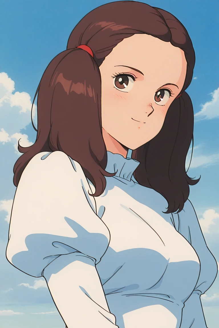 score_9, score_8_up, score_7_up, masterpiece, best quality, source_anime,official art,perfect_anatomy,1980s_\(style\),retro_artstyle,1girl,Hedwig_von_Trapp,brown_hair,forehead,white_shirt_with ruffles,puffy_sleeves,long_sleeves (charactor_focus,detailed face,looking_at_viewer,smile),upper_body,blue_sky,clouds