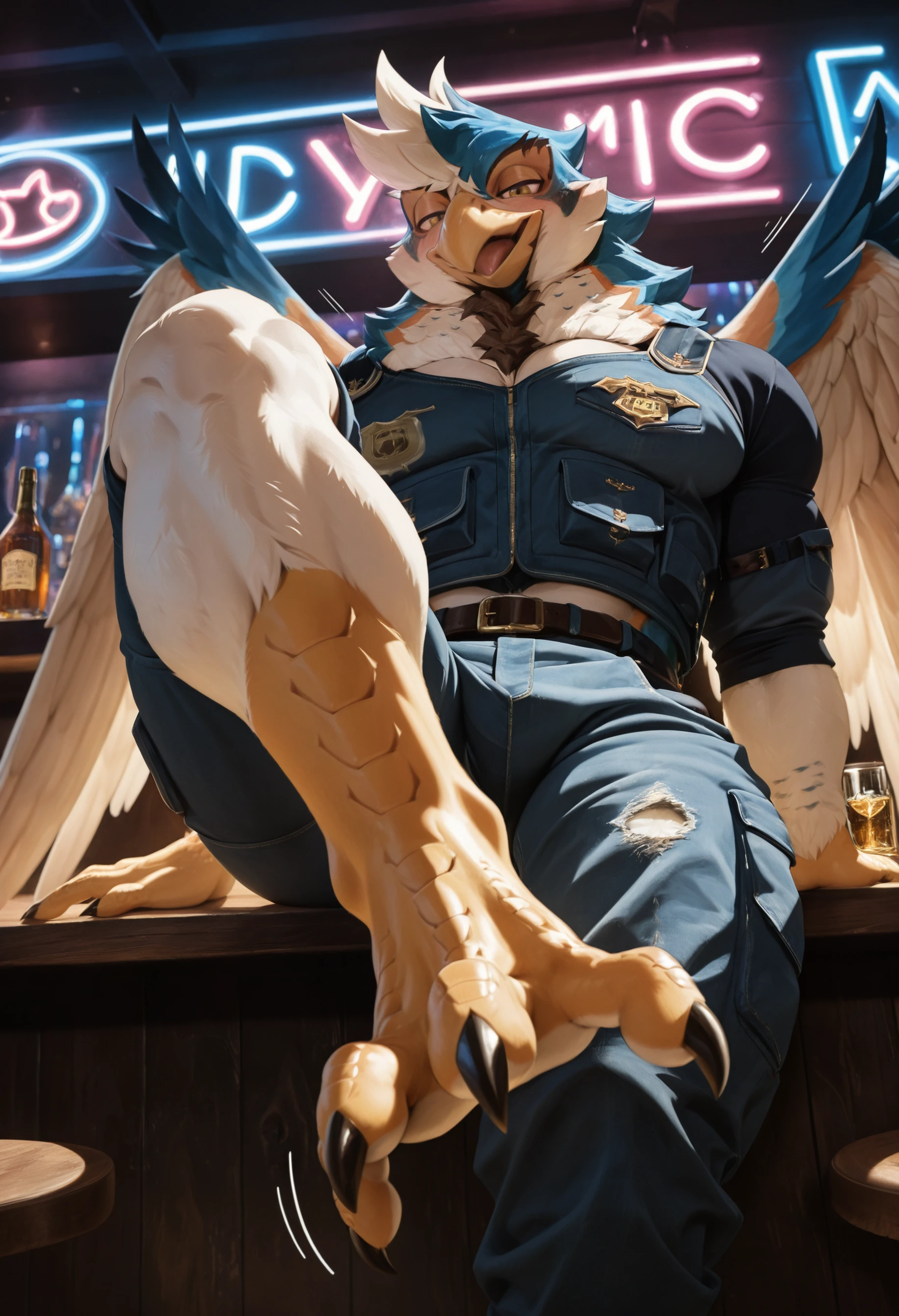 (masterpiece, best quality, very aesthetic, newest, 2024), photorealism, photorealistic, hi res, scalie hands, detailed fur, detailed feathers,
d1on_an0there1dos_r, avian, bird, feathered wings, solo, 1boy, male focus, muscular, bara, muscular male, wings, clothes, clothed, anthro, furry, furry male, thick thighs, thighs, bent, bar, neon lights, high angle, drunk, leg up, barefoot, presenting feet, bird feet, digitigrade, close up,
flirty expression, seductive glance, sound effect, motion lines, <lora:Dion_Anothereidos_R_Illustrious:1>