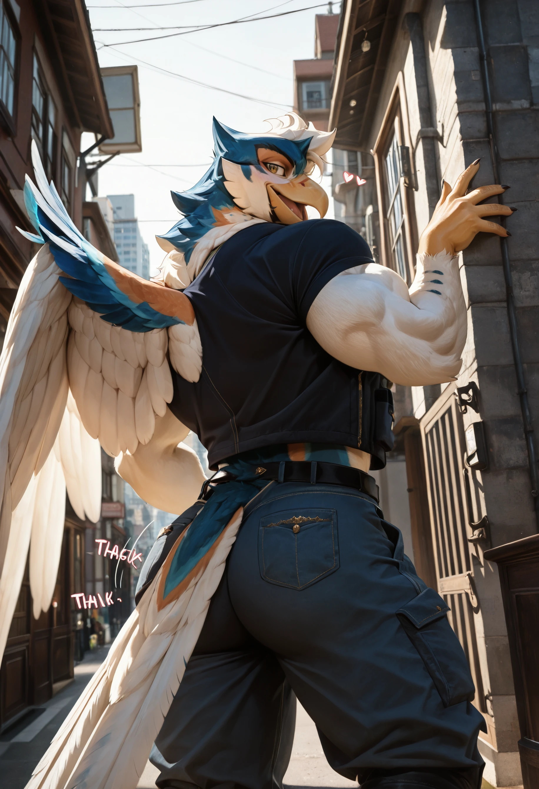 (masterpiece, best quality, very aesthetic, newest, 2024), photorealism, photorealistic, hi res, scalie hands, detailed fur, detailed feathers,
front view, d1on_an0there1dos_r, avian, bird, feathered wings, solo, 1boy, male focus, muscular, bara, muscular male, wings, fabric clothes, clothed, anthro, furry, furry male, thick thighs, thighs, bent, city, urban, from behind,
flirty expression, seductive glance, sound effect, motion lines, <lora:Dion_Anothereidos_R_Illustrious:1>