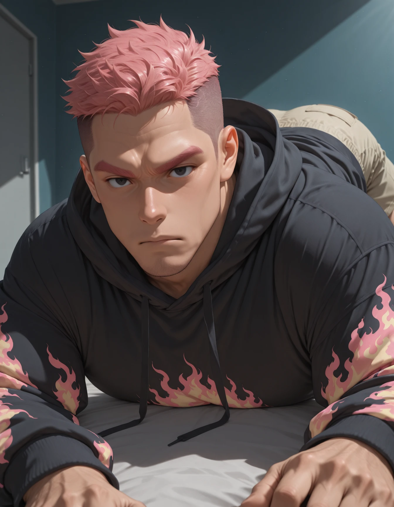 1male,male focus,momoj, black hoodie, close-up, determined, on stomach, black eyes, black hoodie, loose hoodie, loose-fit hoodie, loose fit hoodie, oversized clothes, pink flame pattern sleeves, khaki shorts, <lora:OCOriginal_Character__Momo_Jukushita-000008:0.8>, BREAK masterpiece, best quality, absurdres, newest, perfect quality, best quality, absolutely eye-catching, intricate details