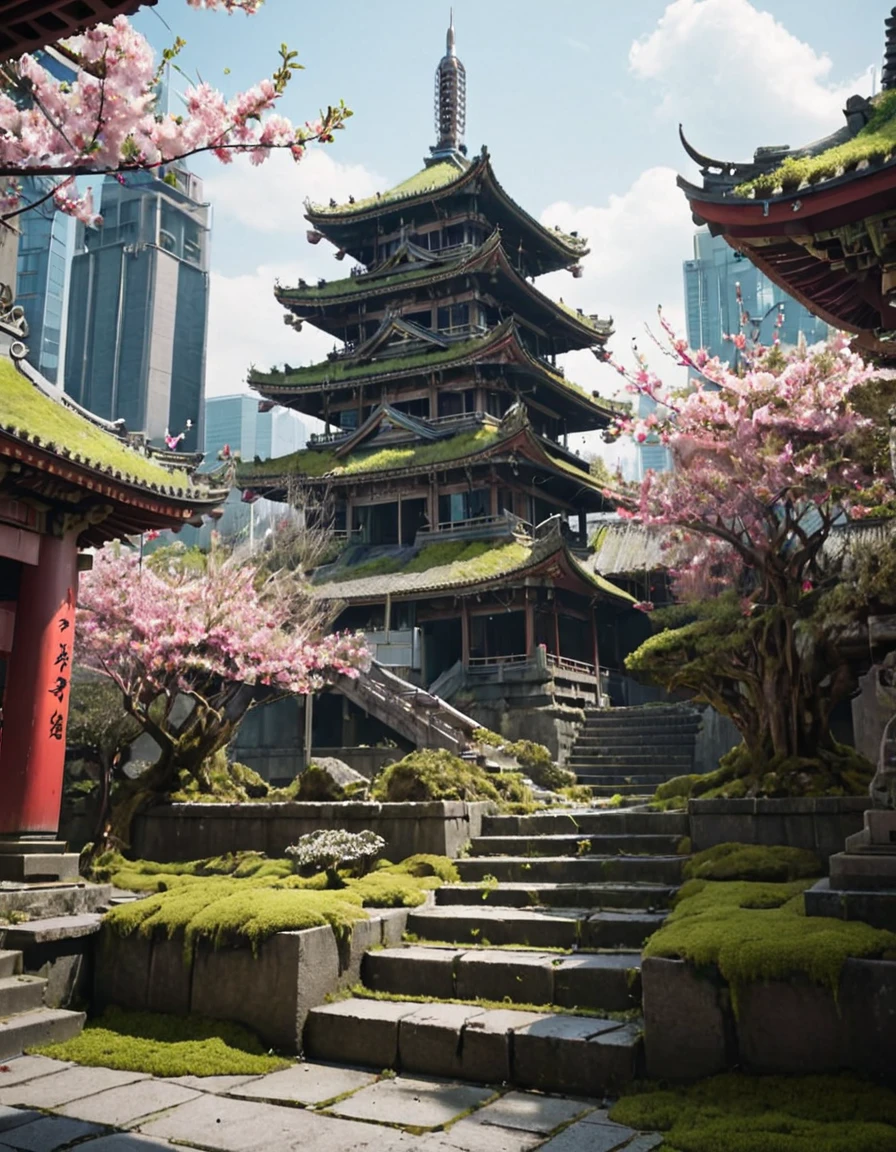 <lora:City_Worlds_02_Lost_Temple1xlc:1> cw02lost, right-facing angle, abandoned, centralized ancient pagoda temple courtyard surrounded by cyberpunk skyline, pink flower bushes flanking stairs, aged wood and stone architecture overtaken by moss and plants, bright clear sky, soft dynamic shadows, cherry blossoms and city buildings blending styles, 8k photo-realistic environmental render