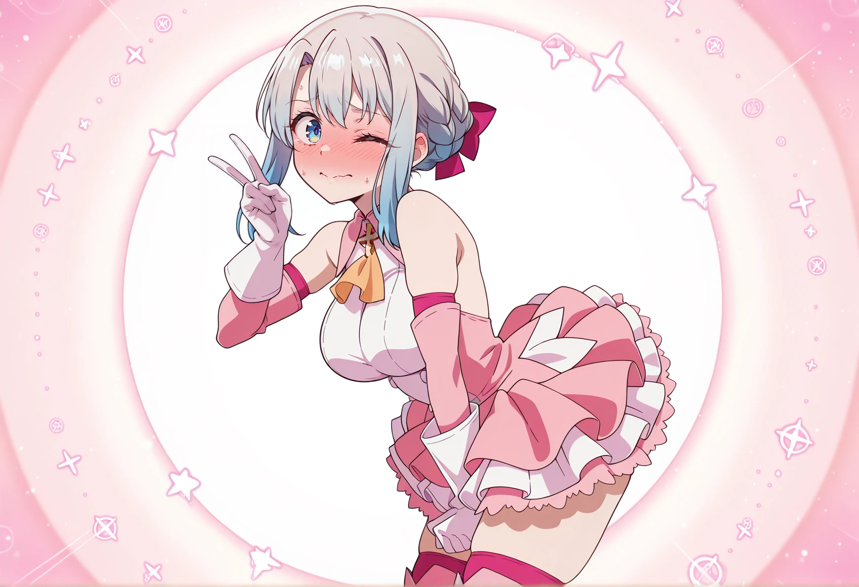 anime screenshot, anime screencap, anime coloring, embarrassed, wink, v, 1girl, solo, grey hair, blue eyes, braid, blue hair ribbon, cross, pink dress, elbow gloves, magical girl, pink thigh Boots <lora:Alice_Elliot:1> big breasts <lora:Illya_Illus:0.8>, masterpiece, best quality, amazing quality, very aesthetic, absurdres, highres, newest
