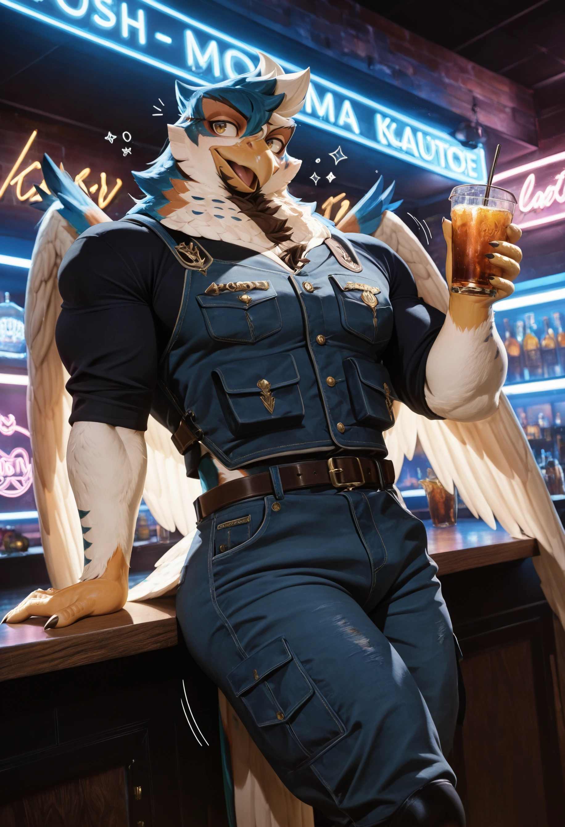 (masterpiece, best quality, very aesthetic, newest, 2024), photorealism, photorealistic, hi res, scalie hands, detailed fur, detailed feathers,
d1on_an0there1dos_r, avian, bird, feathered wings, solo, 1boy, male focus, muscular, bara, muscular male, wings, fabric clothes, clothed, anthro, furry, furry male, thick thighs, thighs, bent, drink coctail, bar, neon lights,
flirty expression, seductive glance, sound effect, motion lines, <lora:Dion_Anothereidos_R_Illustrious:1>