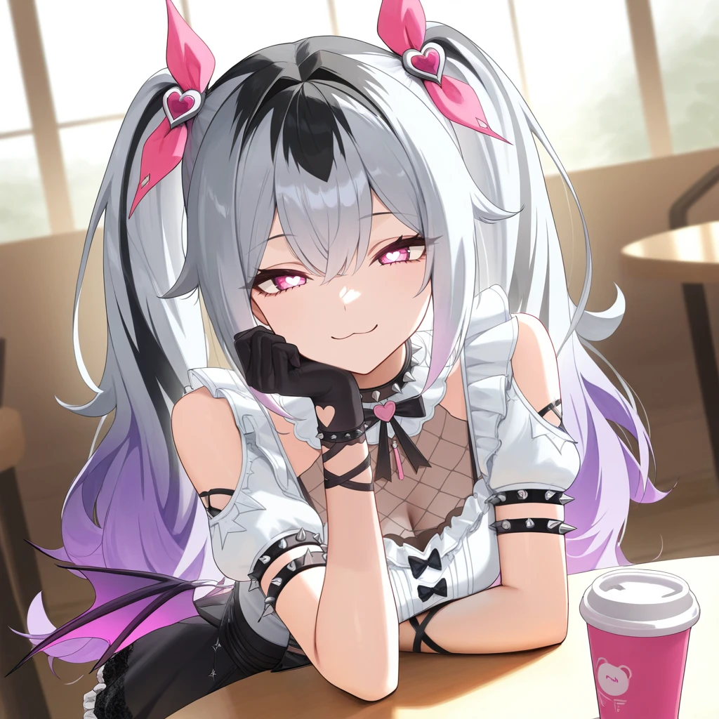 masterpiece, best quality, ultra-detailed, very aesthetic, detailed background, year 2023, very aesthetic, newest, scenery, highres, 4k, absurdres, 8k, colorful,vibrant, glowing, perfect face, 2d, perfect eyes, detailed eyes, 1girl, solo, cafe, sitting across table, head rest, looking at viewer, pointing at viewer, :3, smug smile, half-opened eyes, coffee cup, dessert, upper body, face focus,
Jetavie, Jt_Pnk, pink eyes, x-shaped pupils, multicolored hair, purple hair, gradient hair, twintails, asymmetrical legwear, grey hair, black streakes, black hair, hair ribbon, stole, frilled collar, detached collar, white collar, black bowtie, ribbon bow, pink bow, spiked choker, white shirt, frilled shirt, puffy short sleeves, shoulder cutout, fishnet bodystocking, see-through cleavage, underbust, black skirt, alt frilled skirt, lace-trimmed skirt, garter straps, pink thighhighs, gradient thighhighs, white thighhighs, black gloves, gloves, ribbon-trimmed gloves, pink ribbon, low wings, heart hair ornament, spiked thigh strap, multiple thigh straps, thigh garter,
masterpiece, best quality, ultra-detailed, very aesthetic, newest, scenery, absurdres, perfect anatomy, perfect legs, perfect face, perfect eyes, clear eyes, beautiful eyes, perfect toes, perfect toenails,