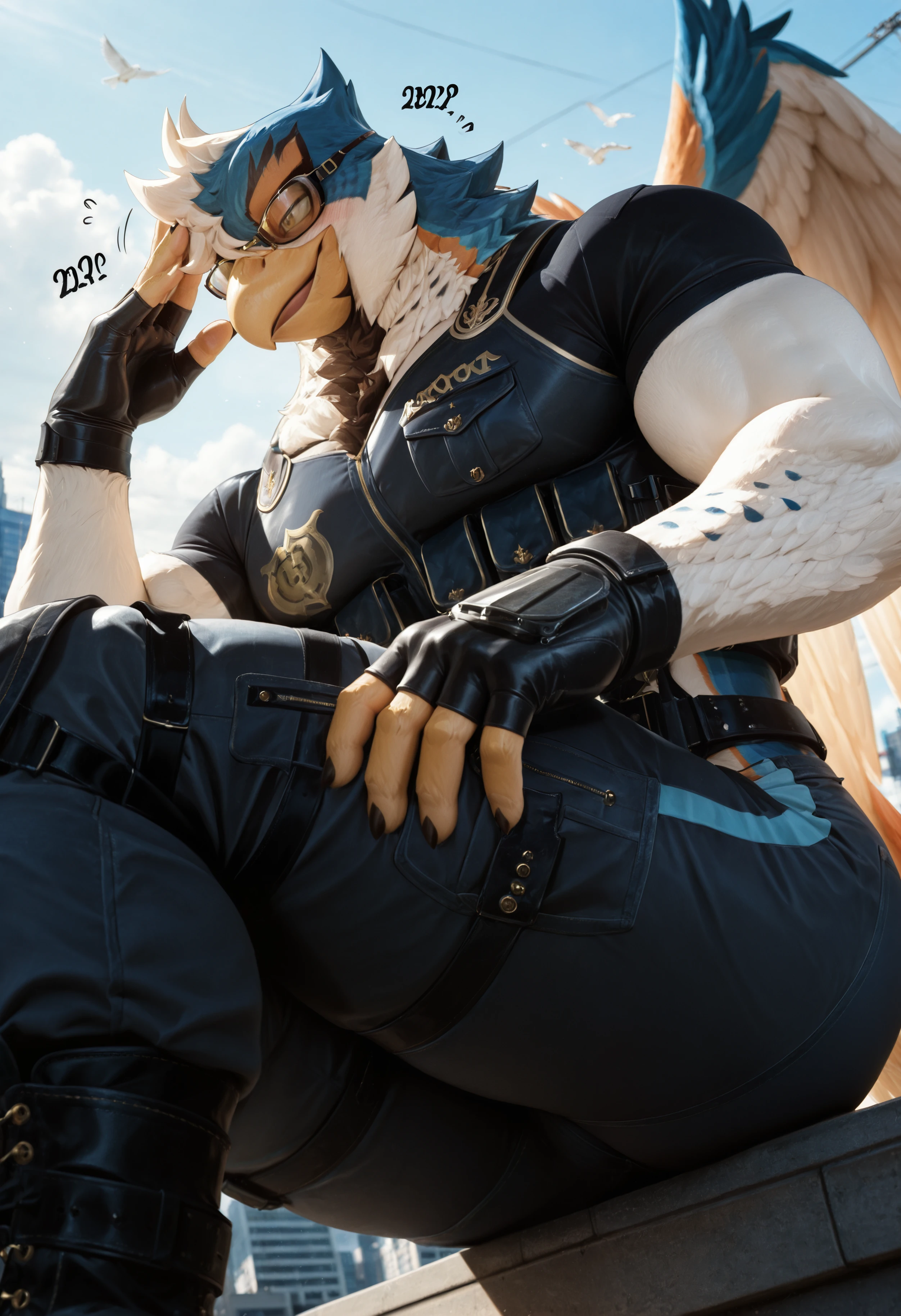 (masterpiece, best quality, very aesthetic, newest, 2024), photorealism, photorealistic, hi res, cityscape,
dutch angle, d1on_an0there1dos_r, avian, bird, feathered wings, solo, 1boy, male focus, muscular, bara, muscular male, wings, clothes, clothed, anthro, furry, furry male, thick thighs, thighs, (close up:1.15), bent, eyewear, gloves, fingerless gloves,
flirty expression, seductive glance, sound effect, motion lines, <lora:Dion_Anothereidos_R_Illustrious:1>