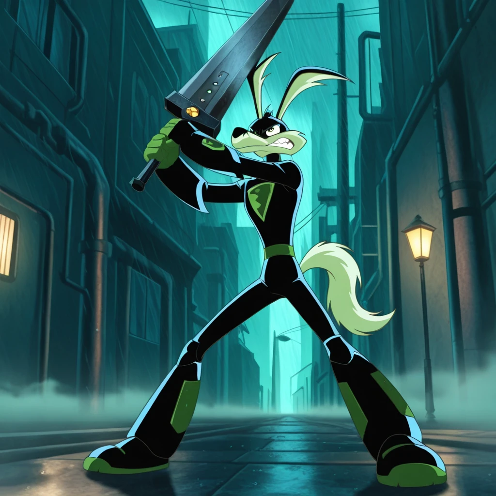 Techcoyote, 1boy, , standing, dramatic_pose, full body, clenched teeth, holding weapon, buster sword, anime screencap, masterpiece, city, lamp post, industrial background, rainy, fog,