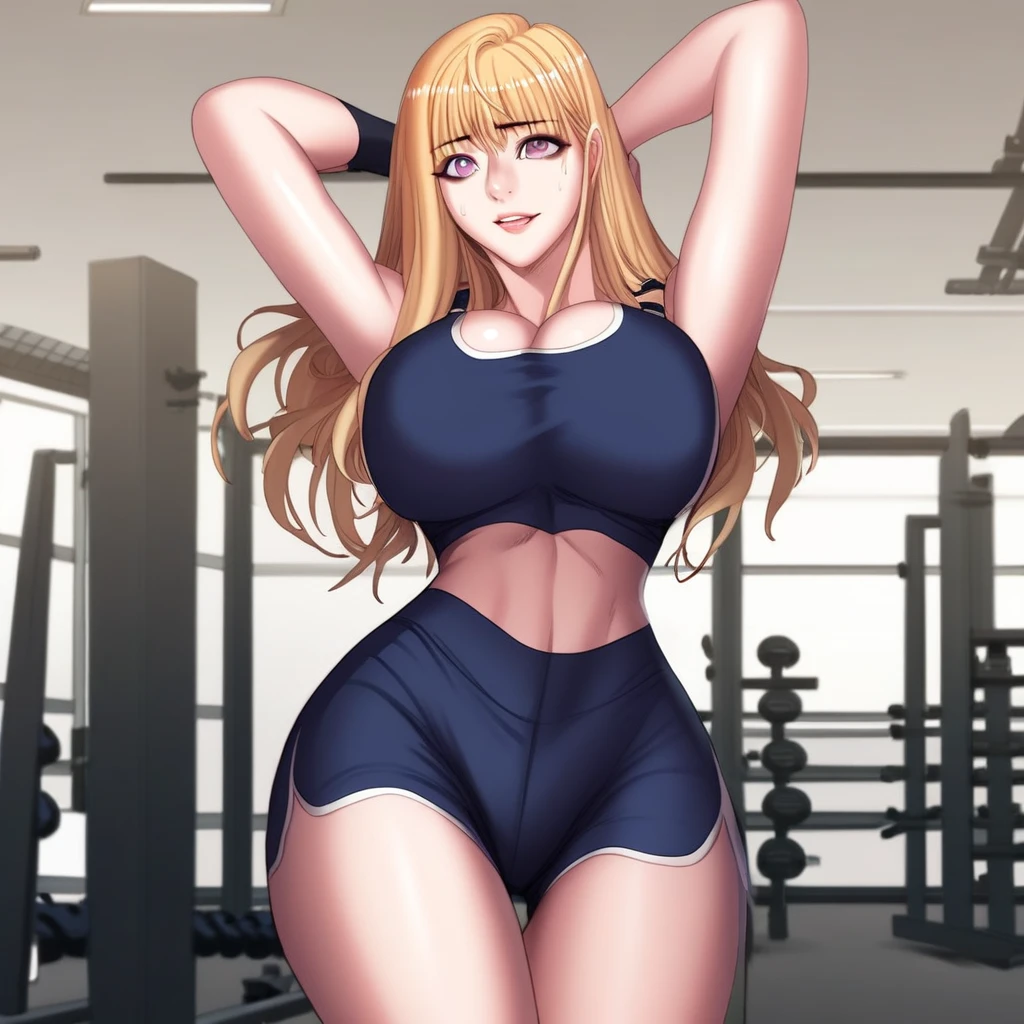beautiful young asian woman, blonde hair, ((black sports bra, athletic shorts):1.2), defined body, large breasts, g cup breasts, large buttocks