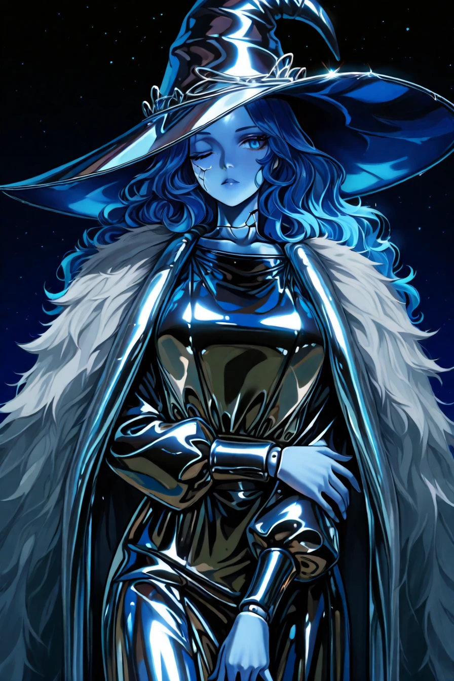 <lora:Ranni_illusXLNoobAI_Incrs_v1:0.4> RnnDef, blue eyes, one eye closed, blue hair, wavy hair, blue skin, colored skin, cracked skin, doll joints, chrome witch hat, large hat, chrome headwear, chrome dress, long sleeves, fur cloak, chrome cloak,<lora:chrome_core_illustriousXL:1>, chrome_core_style, masterpiece, highres