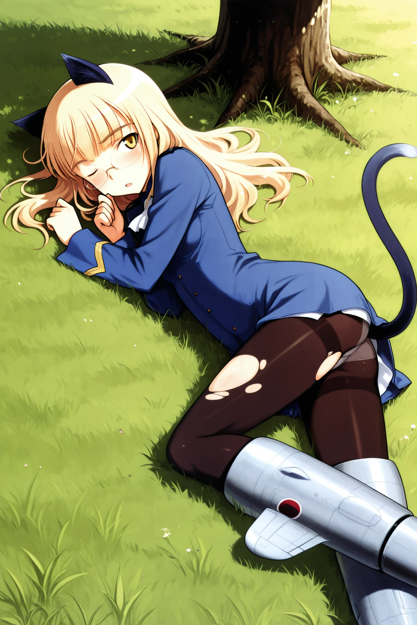 1girl,solo,torn clothes,perrine h. clostermann,pantyhose,animal ears,underwear,panties,cat girl,cat ears,blonde hair,tail,cat tail,torn pantyhose,glasses,yellow eyes,lying,striker unit,long hair,one eye closed,white panties,uniform,panties under pantyhose,tree,grass,
<lora:Fumikane Shimada_illustriousXL:0.8>,
