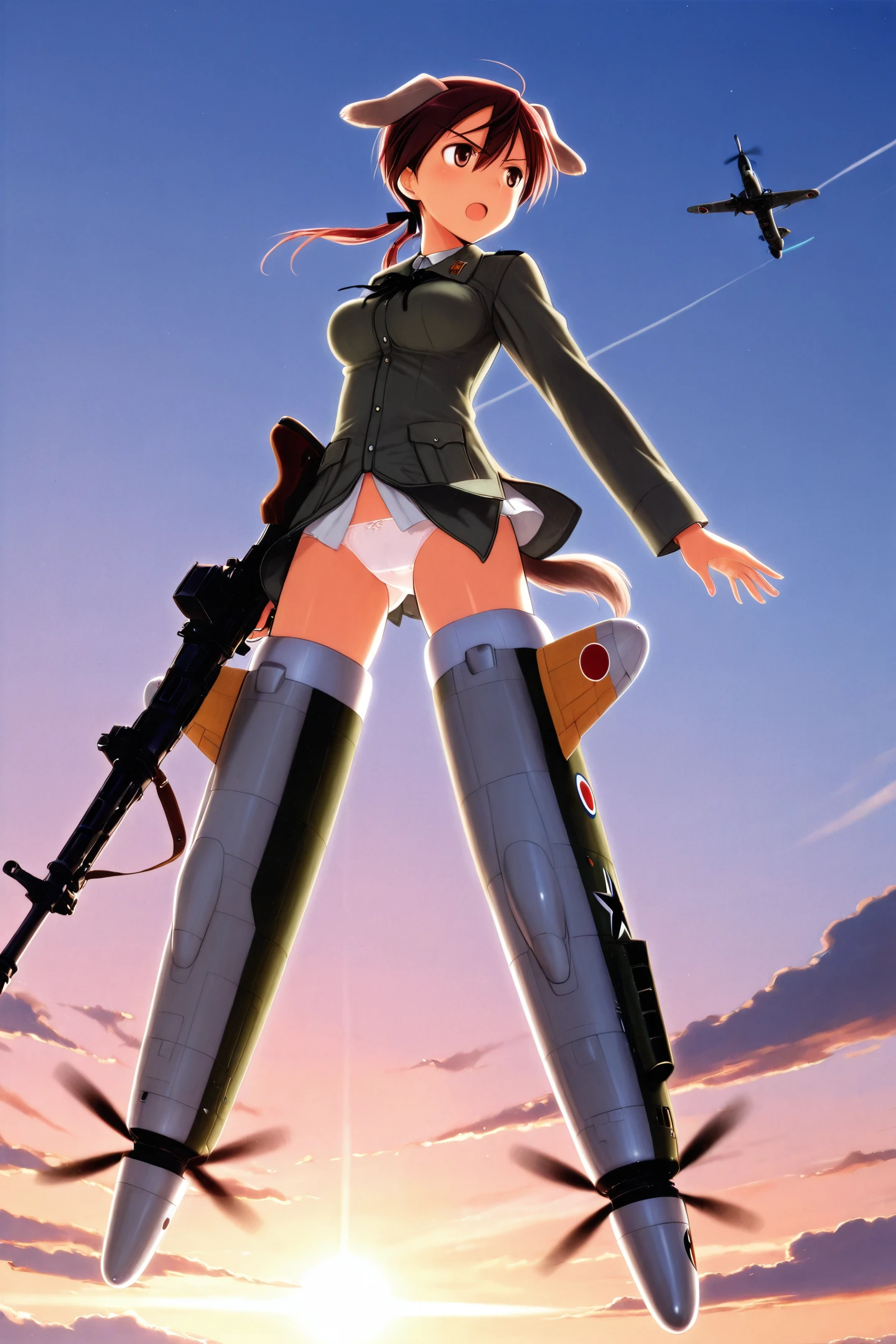1girl,solo,gertrud barkhorn,striker unit,underwear,machine gun,panties,uniform,military uniform,animal ears,dog ears,tail,white panties,brown hair,sky,red hair,flying,
<lora:Fumikane Shimada_illustriousXL:0.8>,