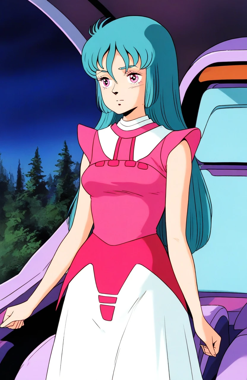 general,highres, ultra-detailed,very aesthetic,best quality ,best hands, BREAK <lora:Ciela_Lapana_Aura_Battler_Dunbine_Ver2.0_IS:1>
Ciela_Lapana,1girl,solo, long hair, pink eyes, aqua hair, bangs, breasts,
1980s (style),
BREAK, science fiction, solo, white skirt, dress, long skirt, cockpit, official style, standing, white skirt, black eyes cowboy shot, standing, forest, night,