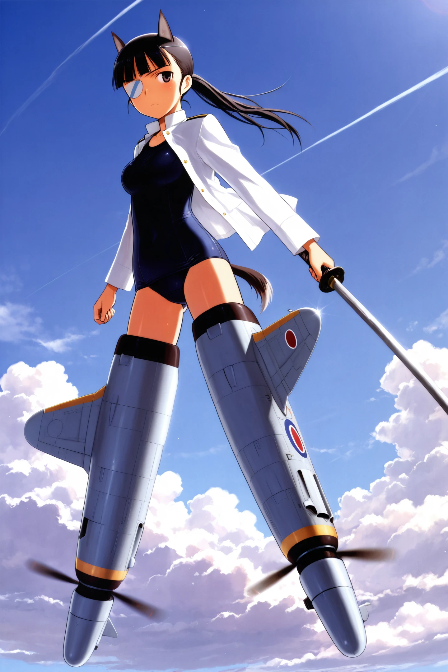 1girl,sakamoto mio,animal ears,weapon,solo,dog girl,dog ears,eyepatch,striker unit,swimsuit,sword,swimsuit under clothes,tail,dog tail,black hair,school swimsuit,ponytail,extra ears,katana,open clothes,one-piece swimsuit,long hair,eyepatch,open shirt,gun,sky,day,cloud,flying,
<lora:Fumikane Shimada_illustriousXL:0.8>,