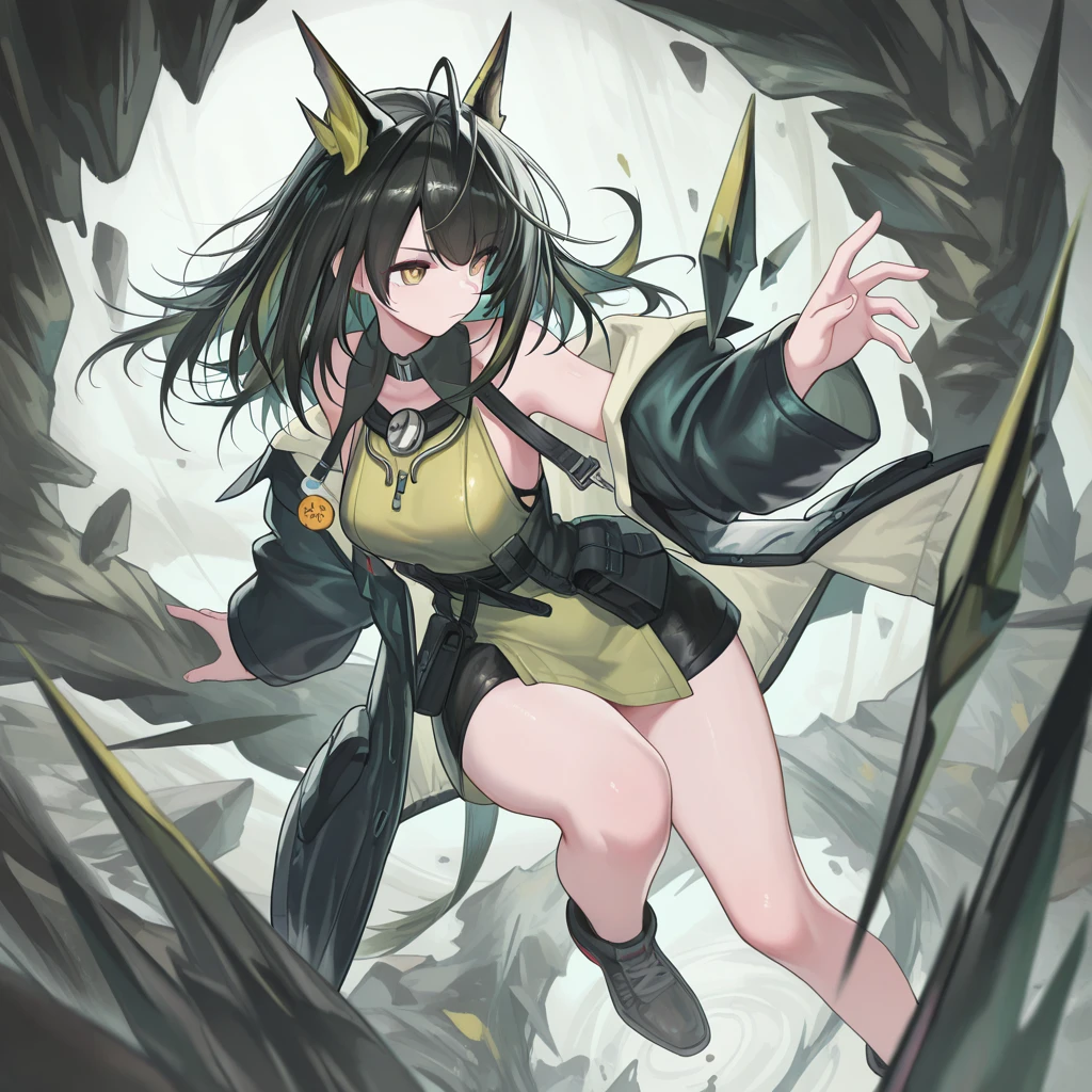 mon3tr \(personification\) \(arknights\),1girl,solo,
mon3tr \(personification\) \(arknights\),
black coat,open coat,green dress,ankle boots,
(dynamic pose:1.2),
huanxiang heitu,
masterpiece,best quality,amazing quality,very aesthetic,absurdres,