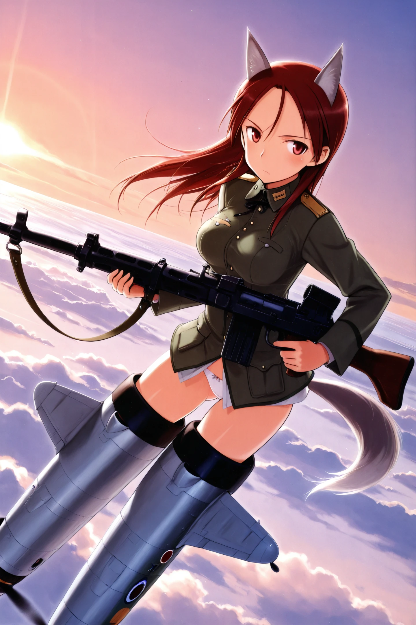 animal ears,striker unit,tail,1girl,solo,minna-dietlinde wilcke,wolf girl,weapon,wolf ears,gun,uniform,machine gun,fox ears,wolf tail,fox tail,military uniform,military,long hair,underwear,panties,no pants,sky,red hair,flying,
<lora:Fumikane Shimada_illustriousXL:0.8>,