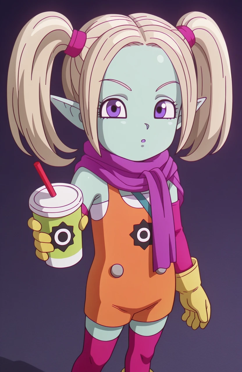 1girl, solo, <lora:Daima-ILv2:1> dbdaima, holding drink, one hand holding, one hand relaxed, looking at viewer, eye visible, detailed hands, medium shot, casual expression,
panzy, pointy ears, aqua skin, blonde hair, parted bangs, twintails, long hair, purple eyes, child,
orange overalls, thighhighs, ankle boots, yellow gloves, purple scarf, detached sleeves,, extremely detailed, highres, masterpiece, best quality