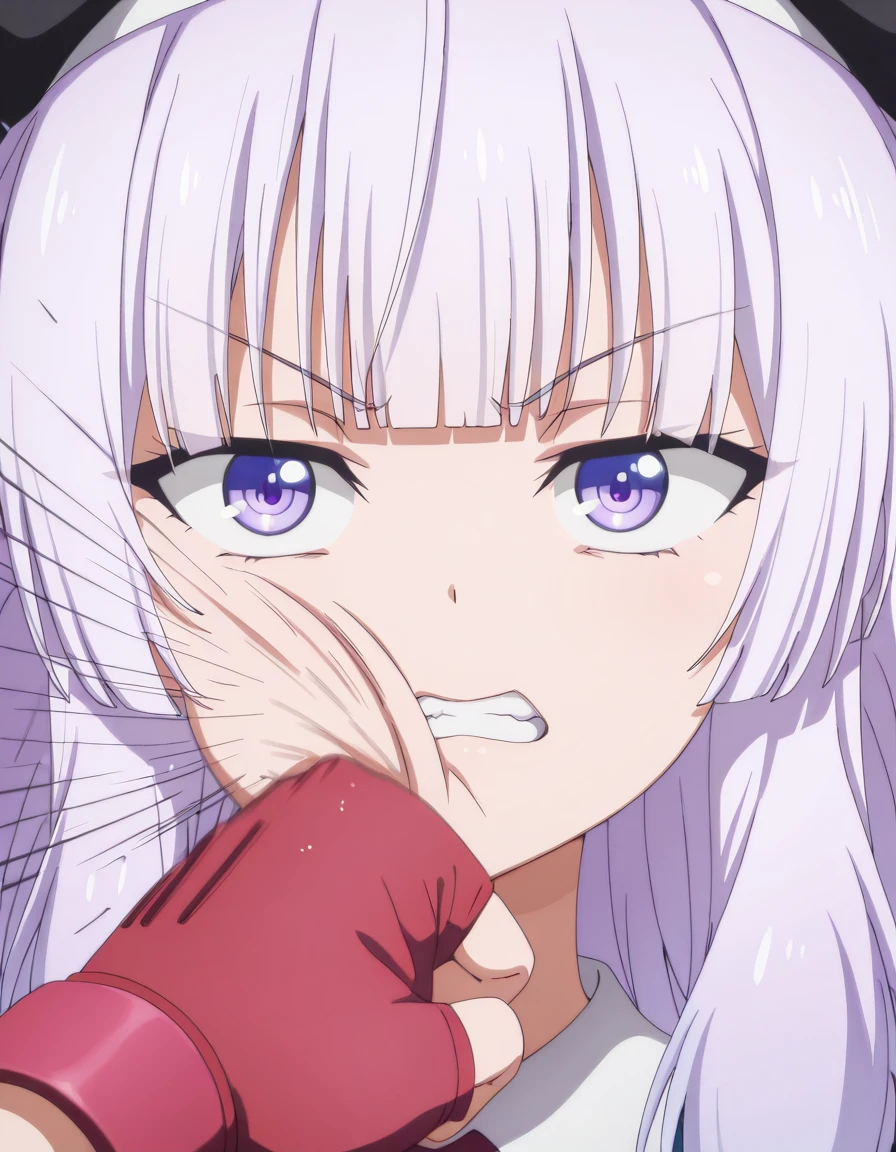 masterpiece, best quality, amazing quality,, <lora:arisu-sakayanagi-s3-illustriousxl-lora-nochekaiser:1>, arisu sakayanagi, sakayanagi arisu, long hair, bangs, purple eyes, white hair, blunt bangs, mature female, small breasts, anime screencap, <lora:face-punch-illustriousxl-lora-nochekaiser:1>, face punch, fingerless gloves, punching, clenched teeth, emphasis lines, upper body, punched, in the face,,
