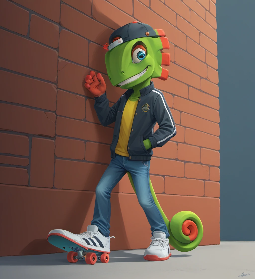 score_9, score_8_up, score_7_up, high res, absurd res, digital media (artwork), flat colors, lineless, source_furry, solo focus, toothy grin, male, full body, backwards cap, sports jacket, looking at viewer, hand in pocket, skateboard, tennis shoes, jeans, brick wall background, <lora:lowres_concept_ponyXL_v1:-0.3> <lora:Yooka_-_Yooka_Layle_-_Pony_v2:1> y00k4, scalie, chameleon, ear frills, tail, curled tail, 4 fingers, multicolored body, green skin, orange highlights, blue eyes, orange eyeshadow