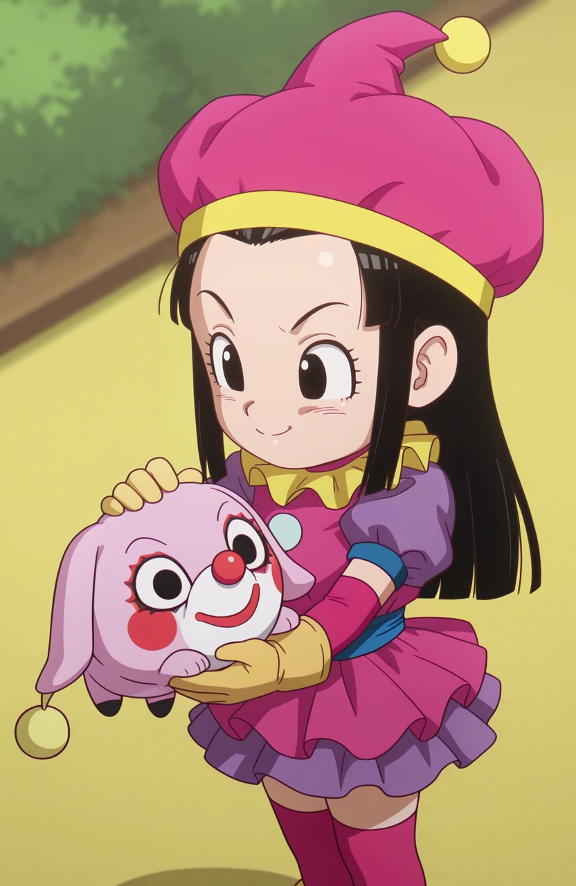 solo, <lora:Daima-ILv2:0.8> dbdaima, holding pet, one hand supporting, one hand petting, looking at pet, eye visible, detailed hands, medium shot, affectionate expression,
1girl, chi-chi \(dragon ball\), black hair, black eyes, long hair , aged down, chibi, clown girl costume, ruffled dress, thighhighs, gloves, clown hat, pom-poms,, extremely detailed, highres, masterpiece, best quality