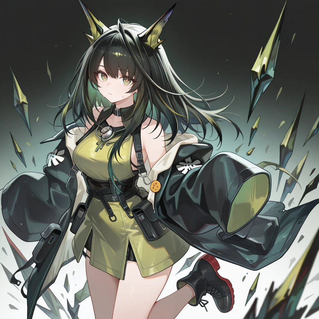 mon3tr \(personification\) \(arknights\),1girl,solo,
mon3tr \(personification\) \(arknights\),
black coat,open coat,green dress,ankle boots,
masterpiece,best quality,amazing quality,very aesthetic,absurdres,